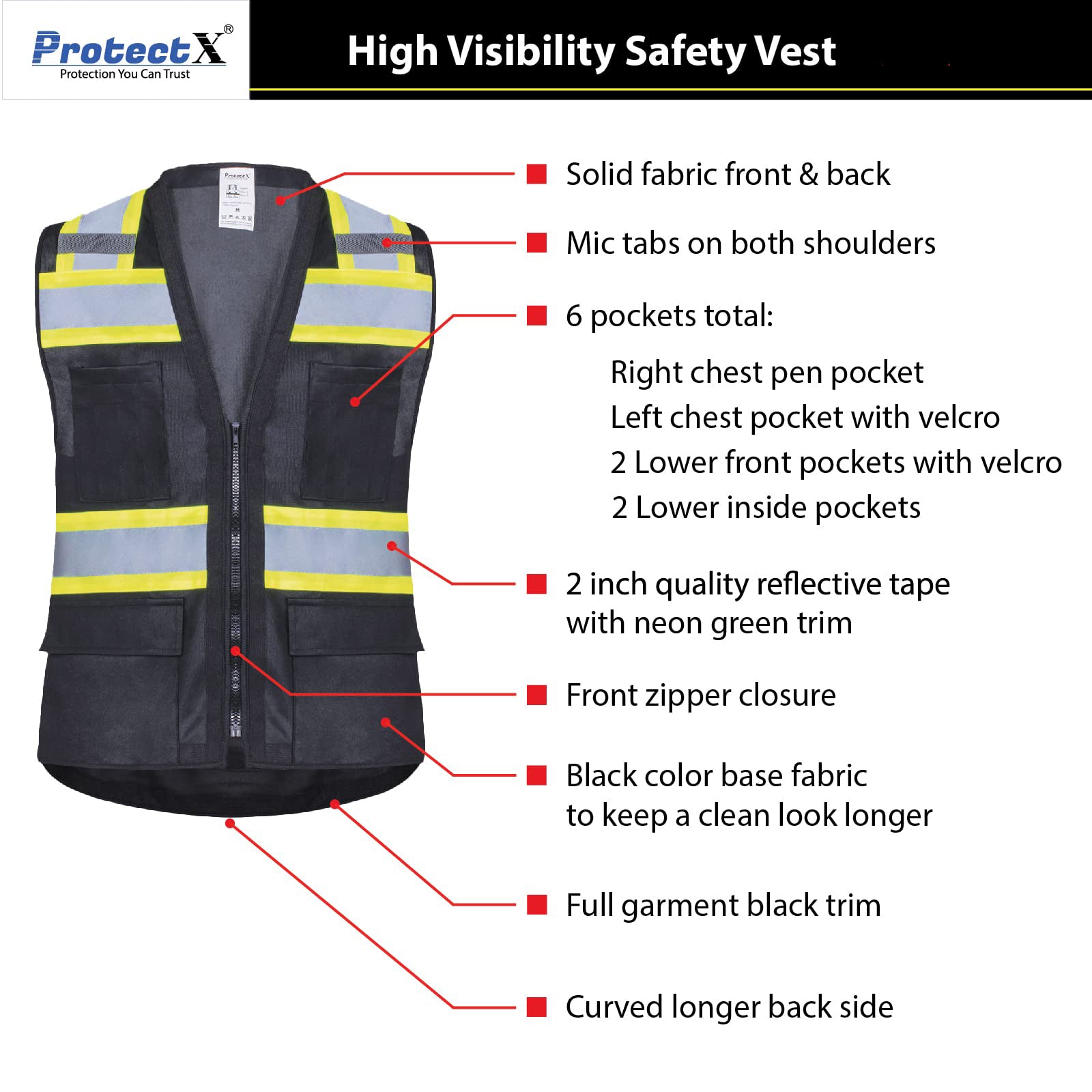 ProtectX Safety Vest Black Hi-Visibility Vest All Solid Fabric with 6 Pockets<br>SV-120SS4-BKBK