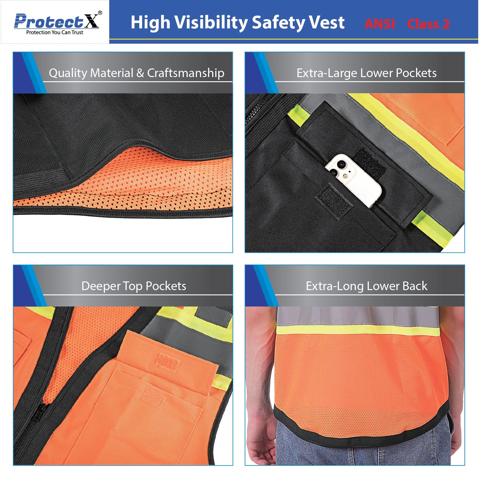 ProtectX Safety Vest ANSI Neon Orange Class 2 Hi-Visibility Vest Solid Front Mesh Back with 6 Pockets ANSI/ISEA Certified <br>SV-120SM4-ORBK