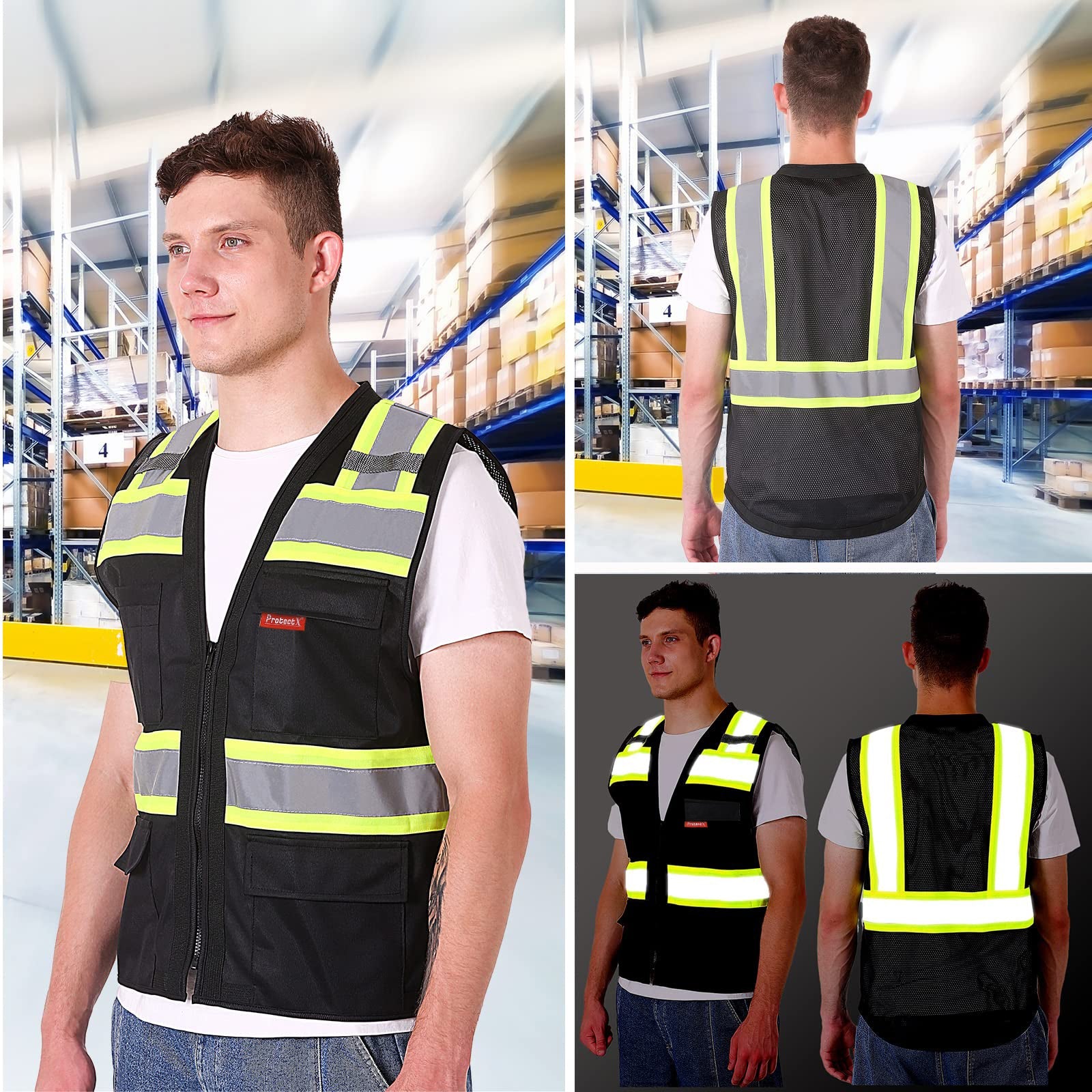 ProtectX Safety Vest Black Hi-Visibility Vest Solid Front Mesh Back with 6 Pockets<br>SV-120SM4-BKBK