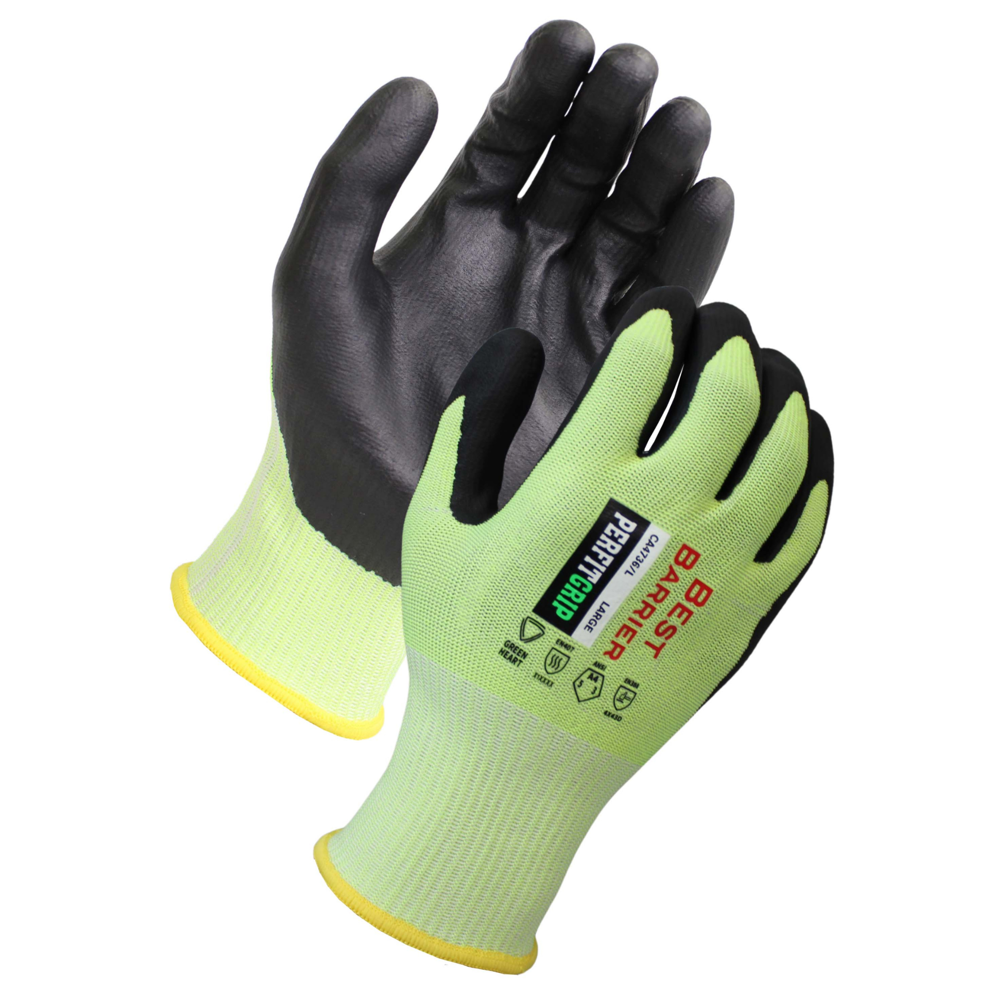 Cut Level A4, 13 Gauge <br> Hi-Viz Yellow Fiber Shell <br> Black Foam Nitrile Coated Gloves <br> CA4736
