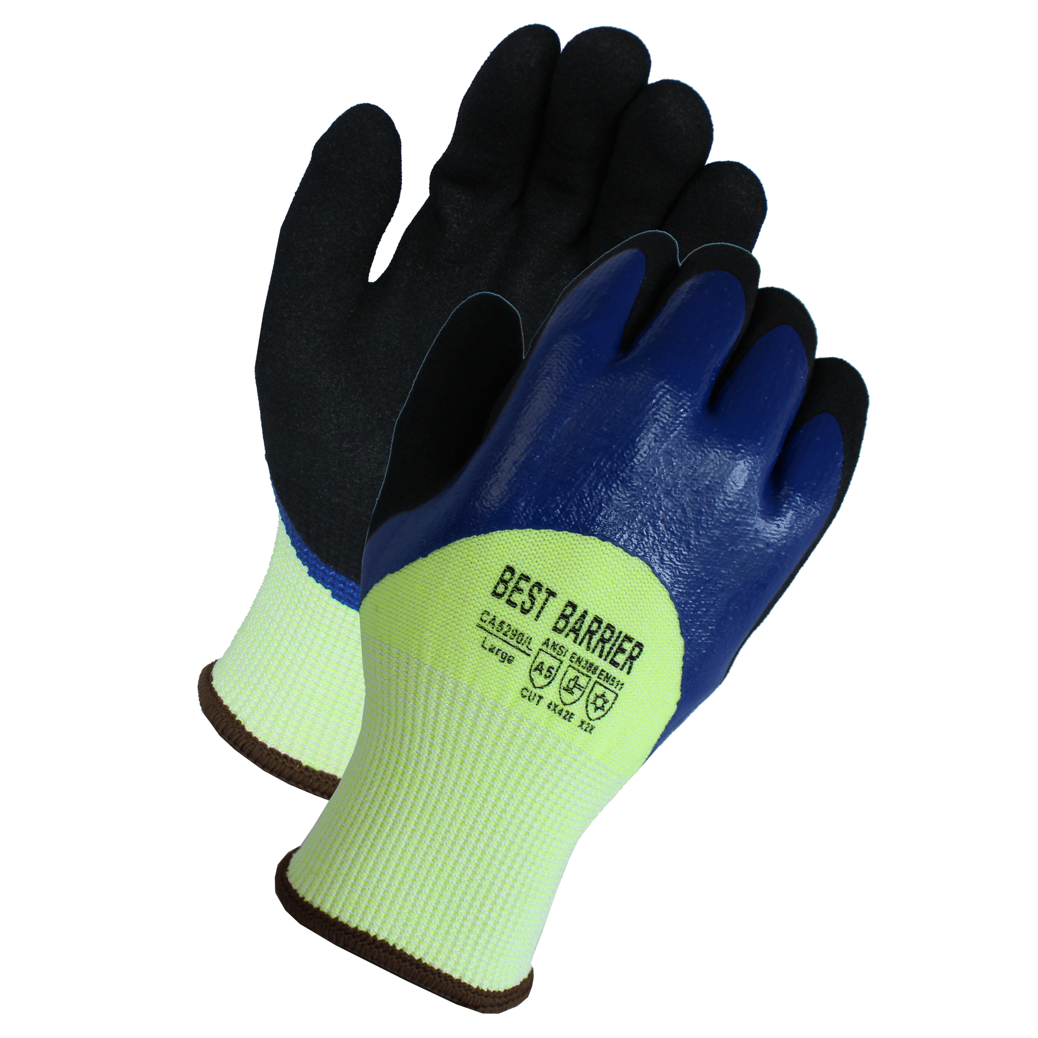 Cut Level A5, 13 Gauge, Double <br> Dipped Blue Smooth Nitrile <br> with  Black Sandy Nitrile <br> Coated Gloves <br> CA5290