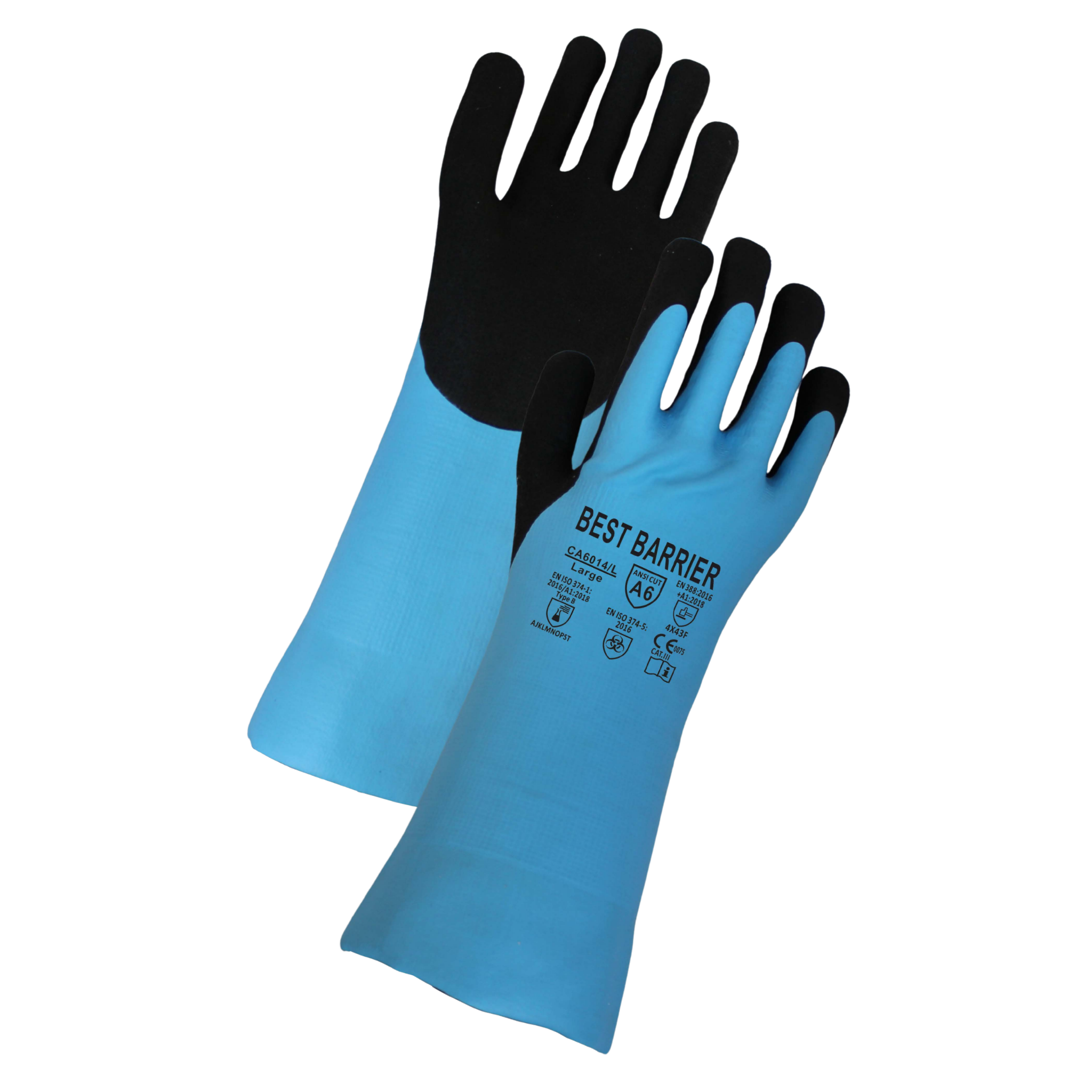 ANSI Cut A6, 14" Gauntlet, Fully Coated Blue Nitrile With Black Sandy Nitrile Palm and Fingers Coated <br> CA6014