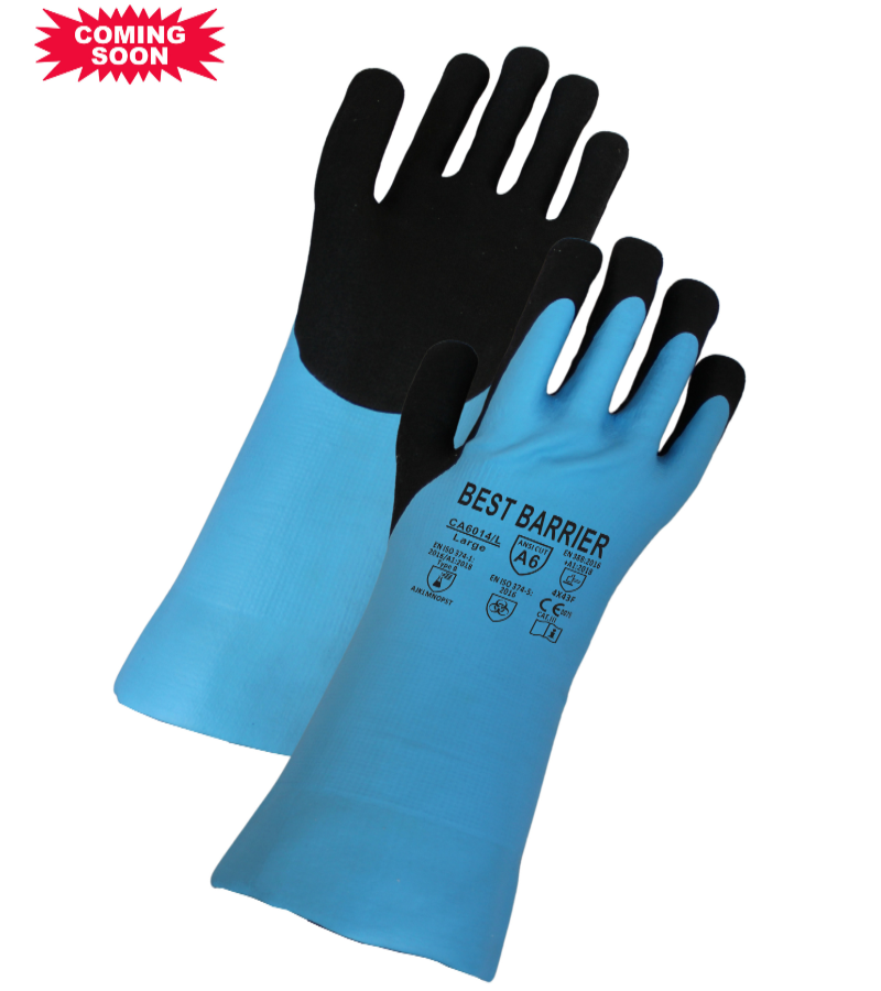 ANSI Cut A6, 14" Gauntlet, Fully Coated Blue Nitrile With Black Sandy Nitrile Palm and Fingers Coated <br> CA6014