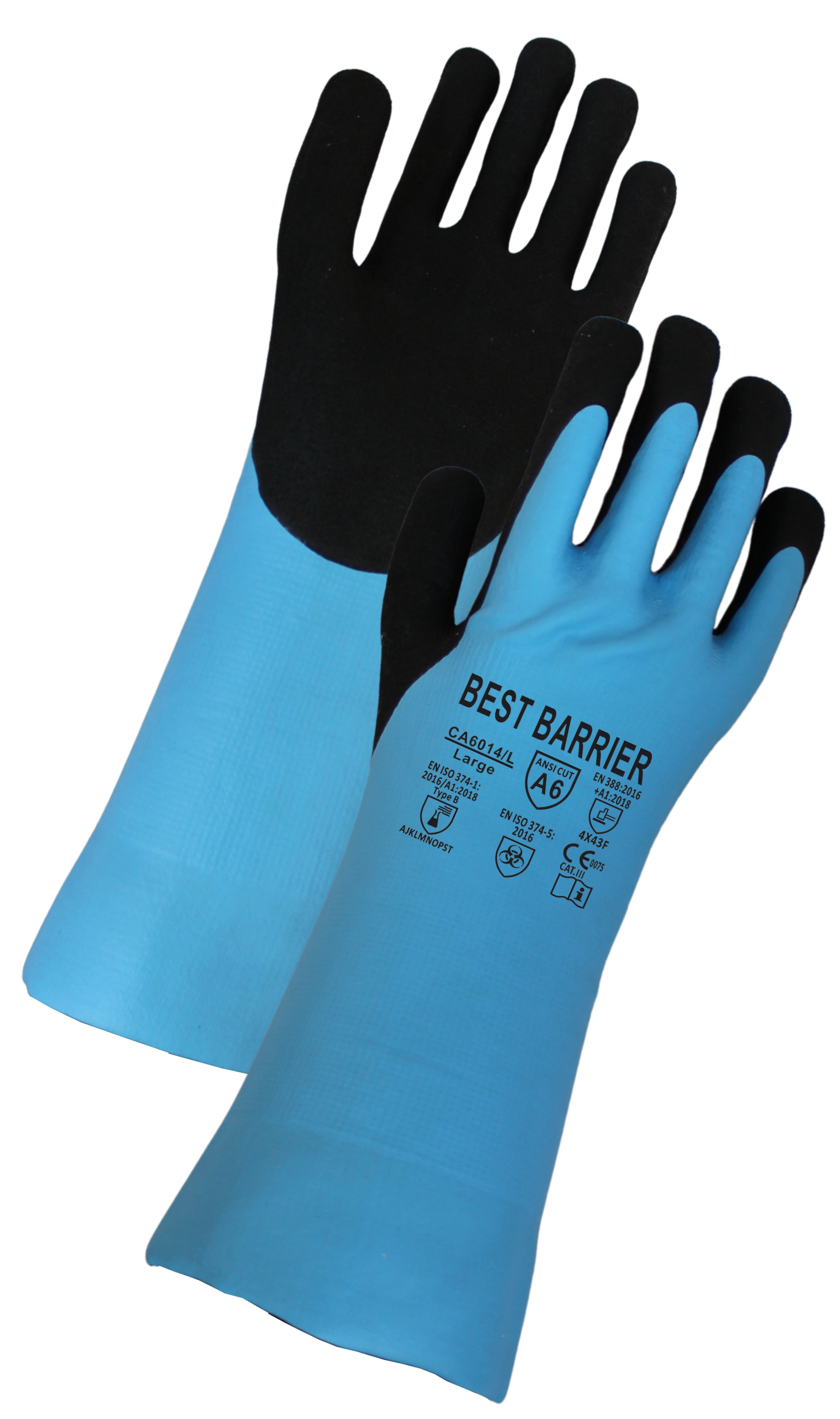 ANSI Cut A6, 14" Gauntlet, Fully Coated Blue Nitrile With Black Sandy Nitrile Palm and Fingers Coated <br> CA6014
