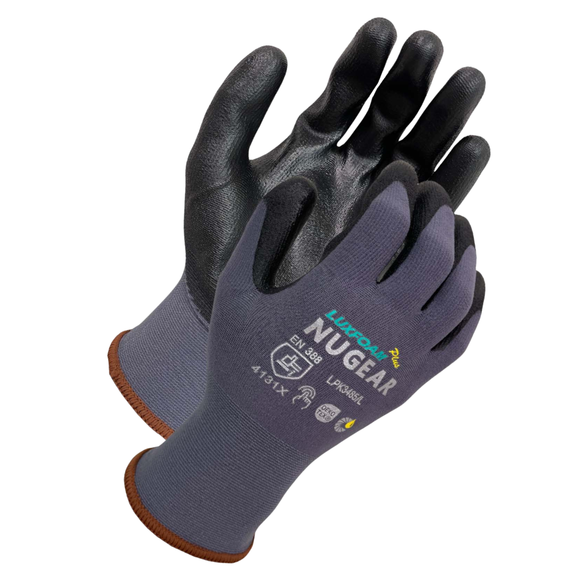 15 Gauge, Black Luxfoam Plus <br> Gray Nylon Spandex <br> Knit Shell Palm <br> Coated Gloves <br> LPK3485