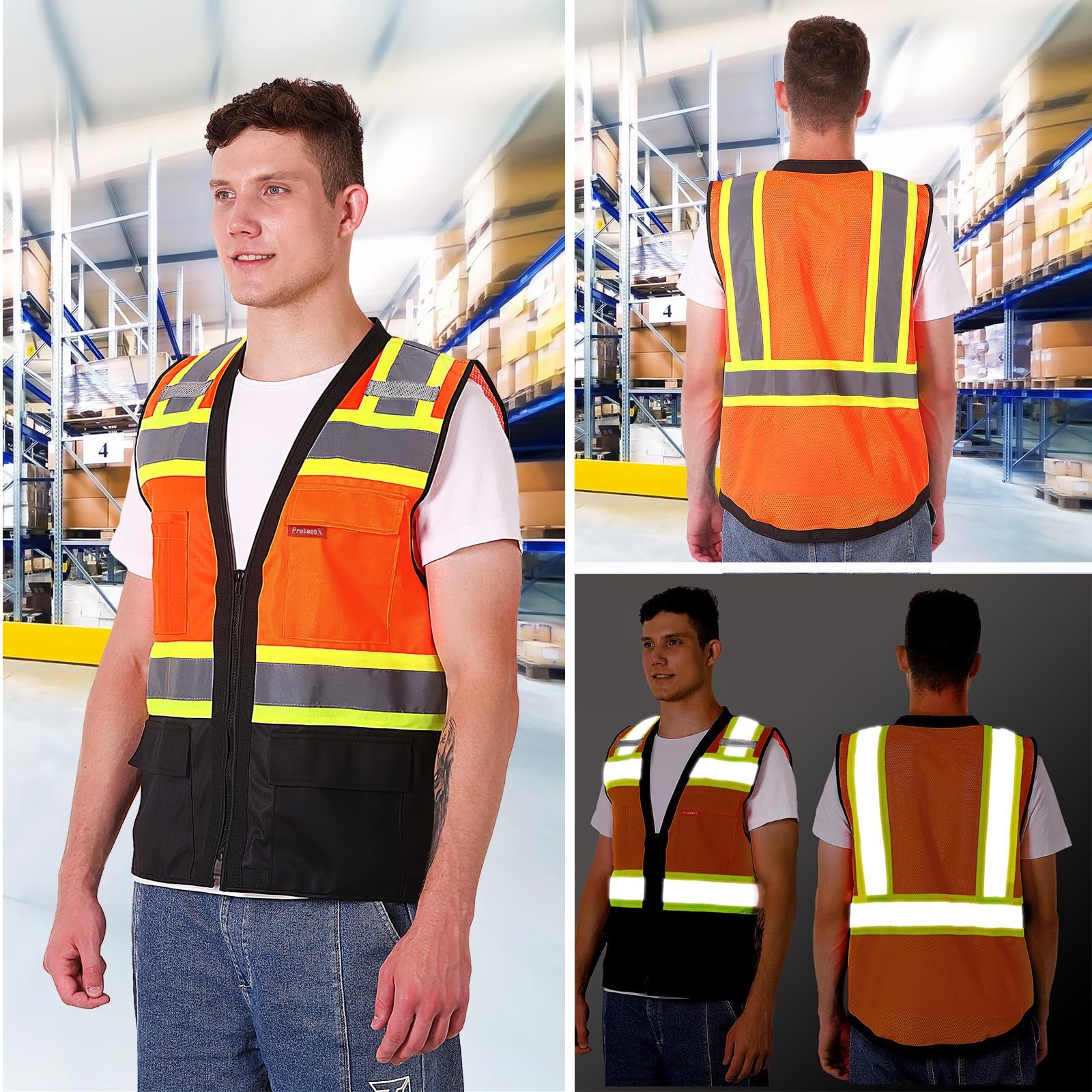ProtectX Safety Vest ANSI Neon Orange Class 2 Hi-Visibility Vest Solid Front Mesh Back with 6 Pockets ANSI/ISEA Certified <br>SV-120SM4-ORBK