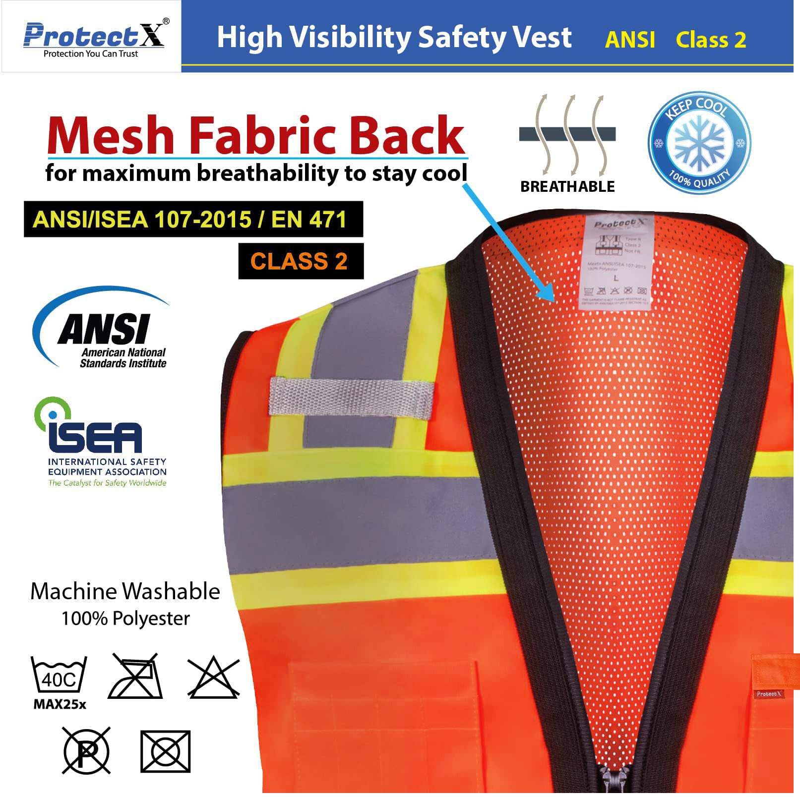 ProtectX Safety Vest ANSI Neon Orange Class 2 Hi-Visibility Vest Solid Front Mesh Back with 6 Pockets ANSI/ISEA Certified <br>SV-120SM4-ORBK