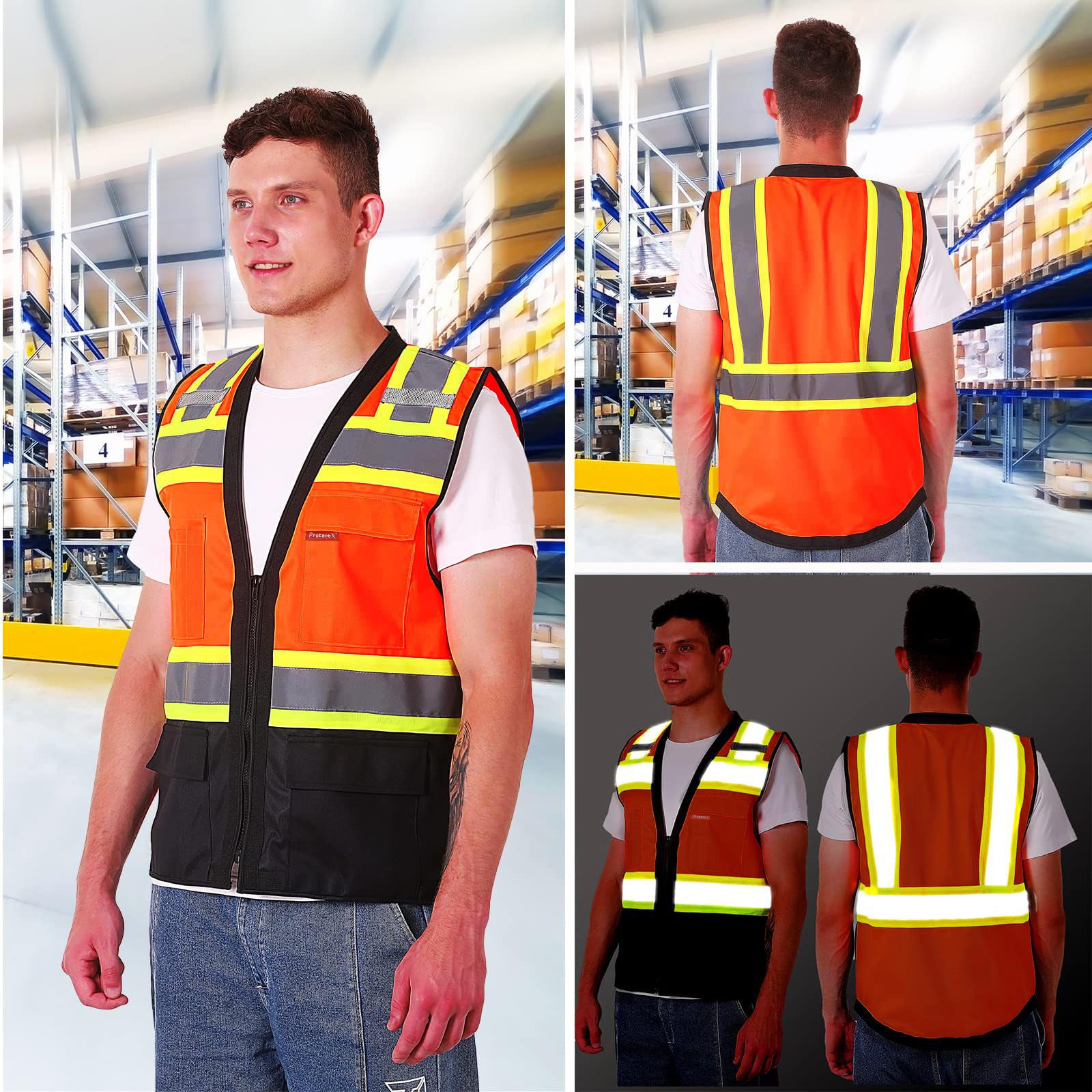 ProtectX Safety Vest ANSI Neon Orange Class 2 Hi-Visibility Vest All Solid Fabric with 6 Pockets, ANSI/ISEA Certified <br>SV-120SS4-ORBK