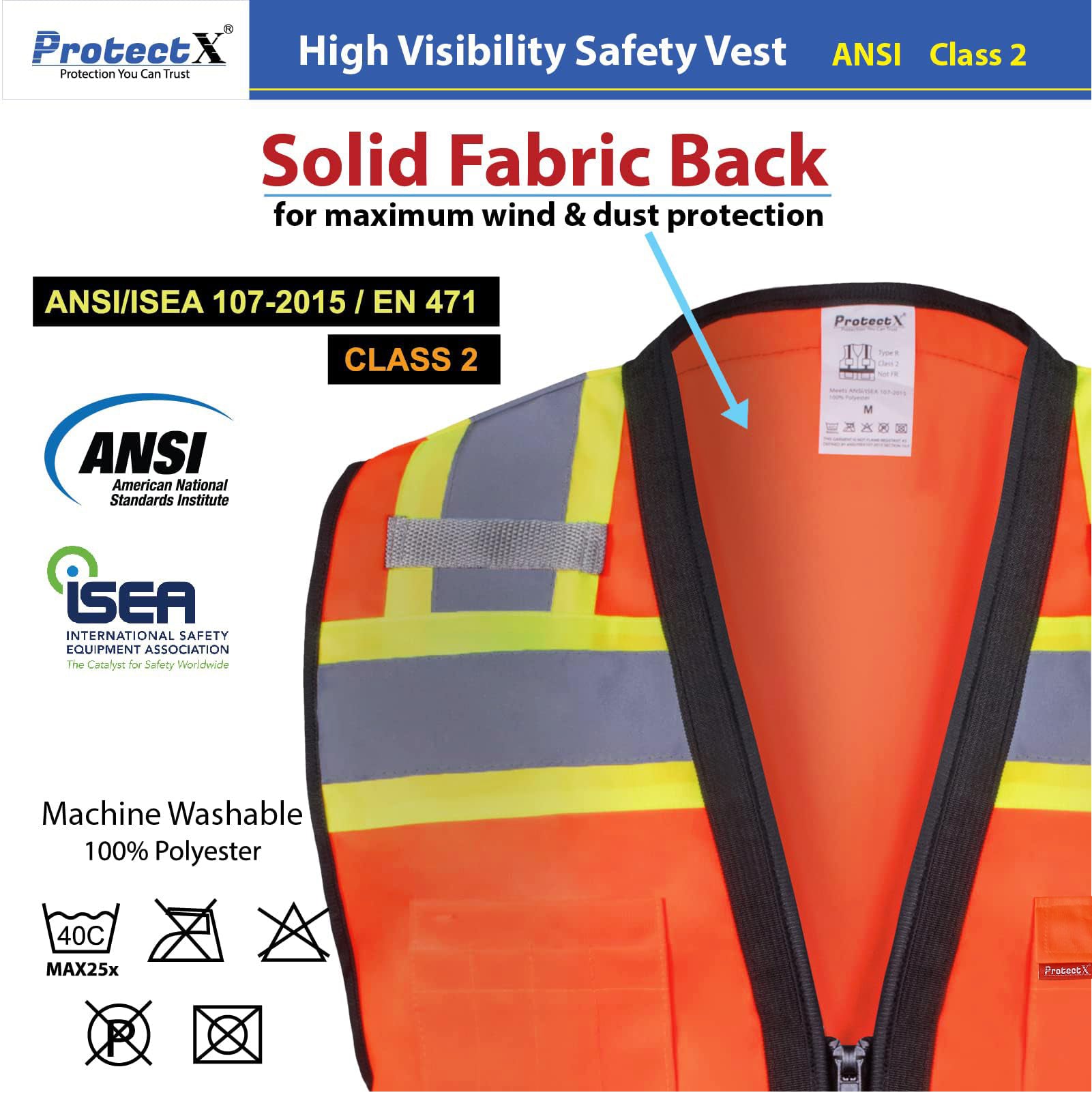 ProtectX Safety Vest ANSI Neon Orange Class 2 Hi-Visibility Vest All Solid Fabric with 6 Pockets, ANSI/ISEA Certified <br>SV-120SS4-ORBK