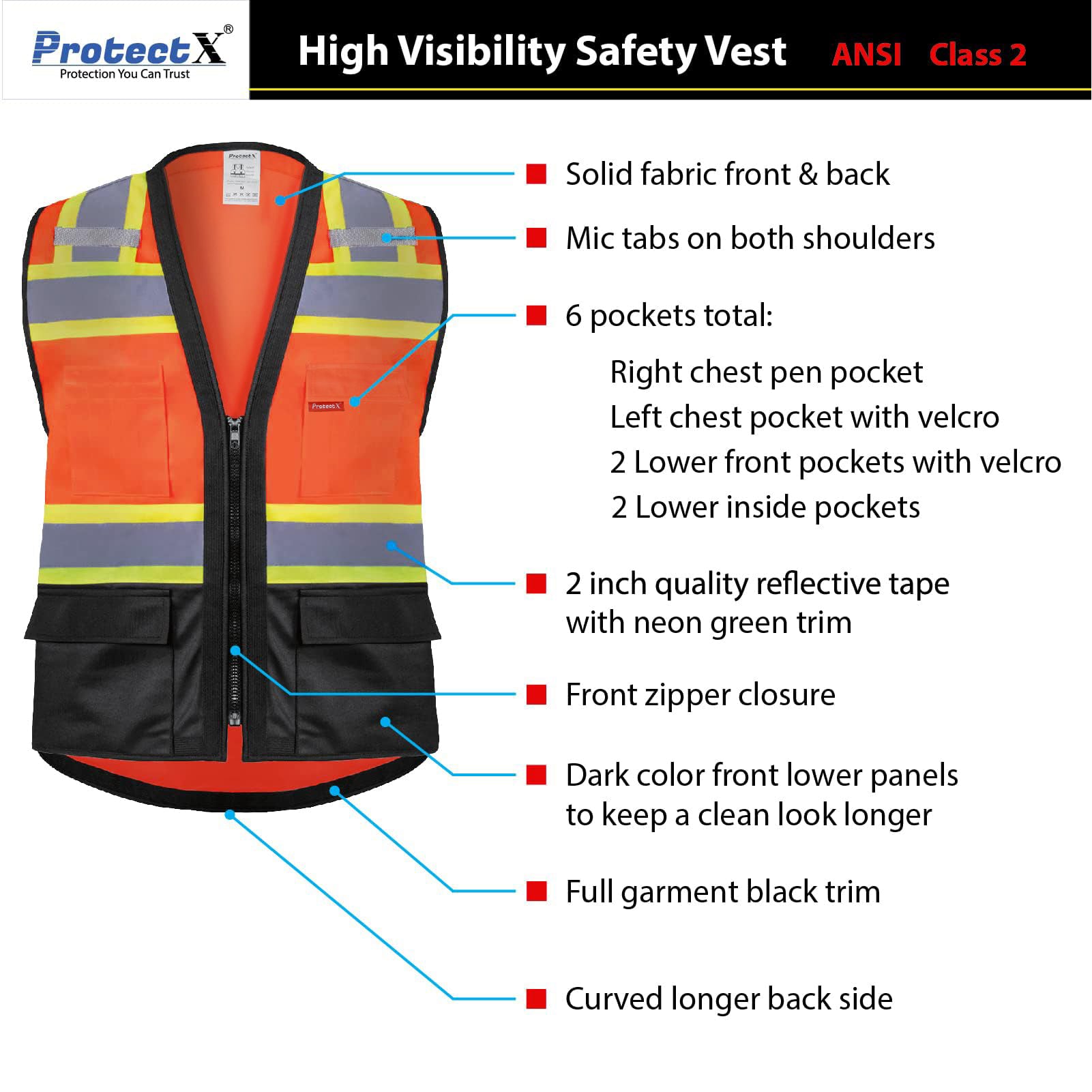 ProtectX Safety Vest ANSI Neon Orange Class 2 Hi-Visibility Vest All Solid Fabric with 6 Pockets, ANSI/ISEA Certified <br>SV-120SS4-ORBK