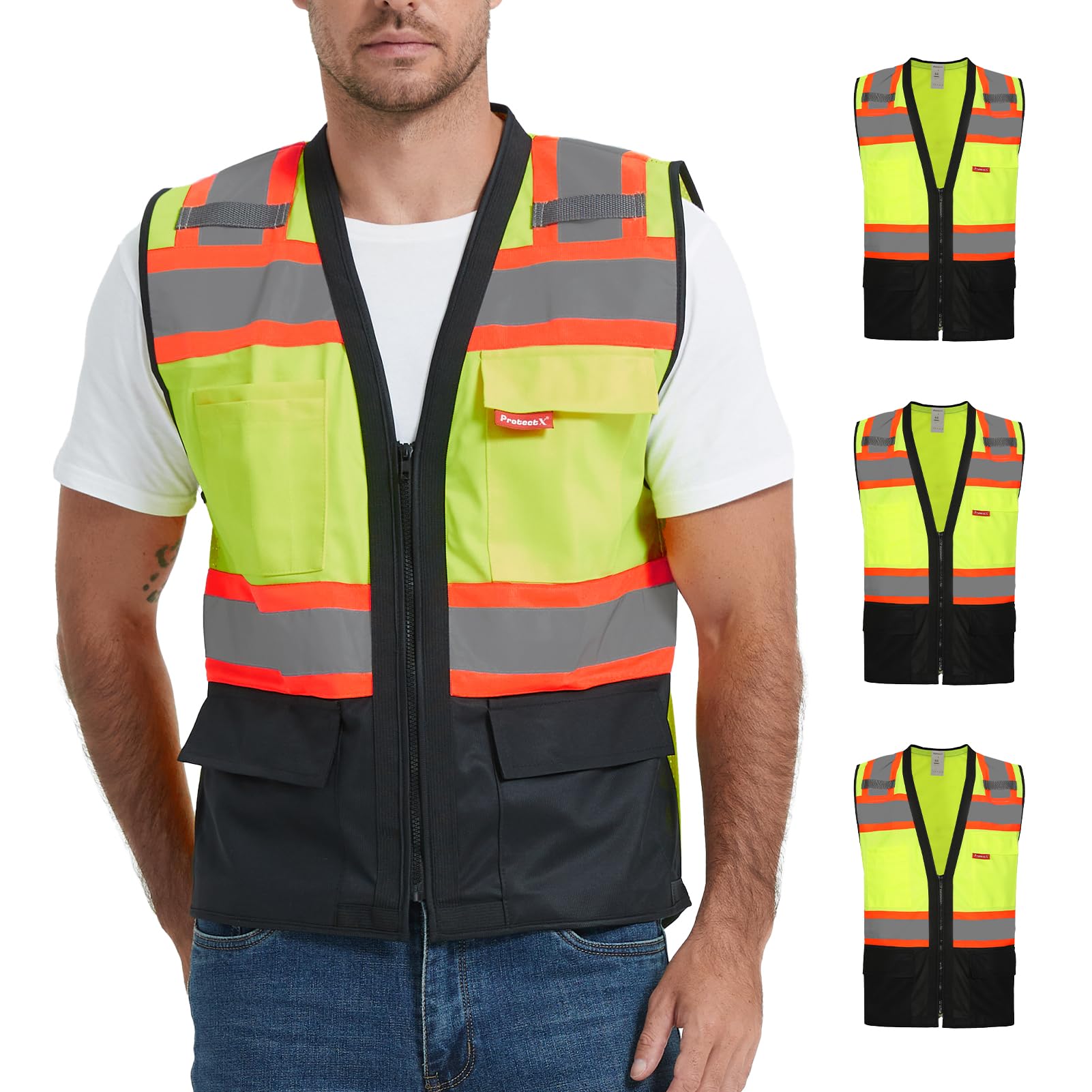 ProtectX Safety Vest ANSI Neon Green Class 2 Hi-Visibility Vest All Solid Fabric with 6 Pockets, ANSI/ISEA Certified <br>SV-120SS4-GNBK