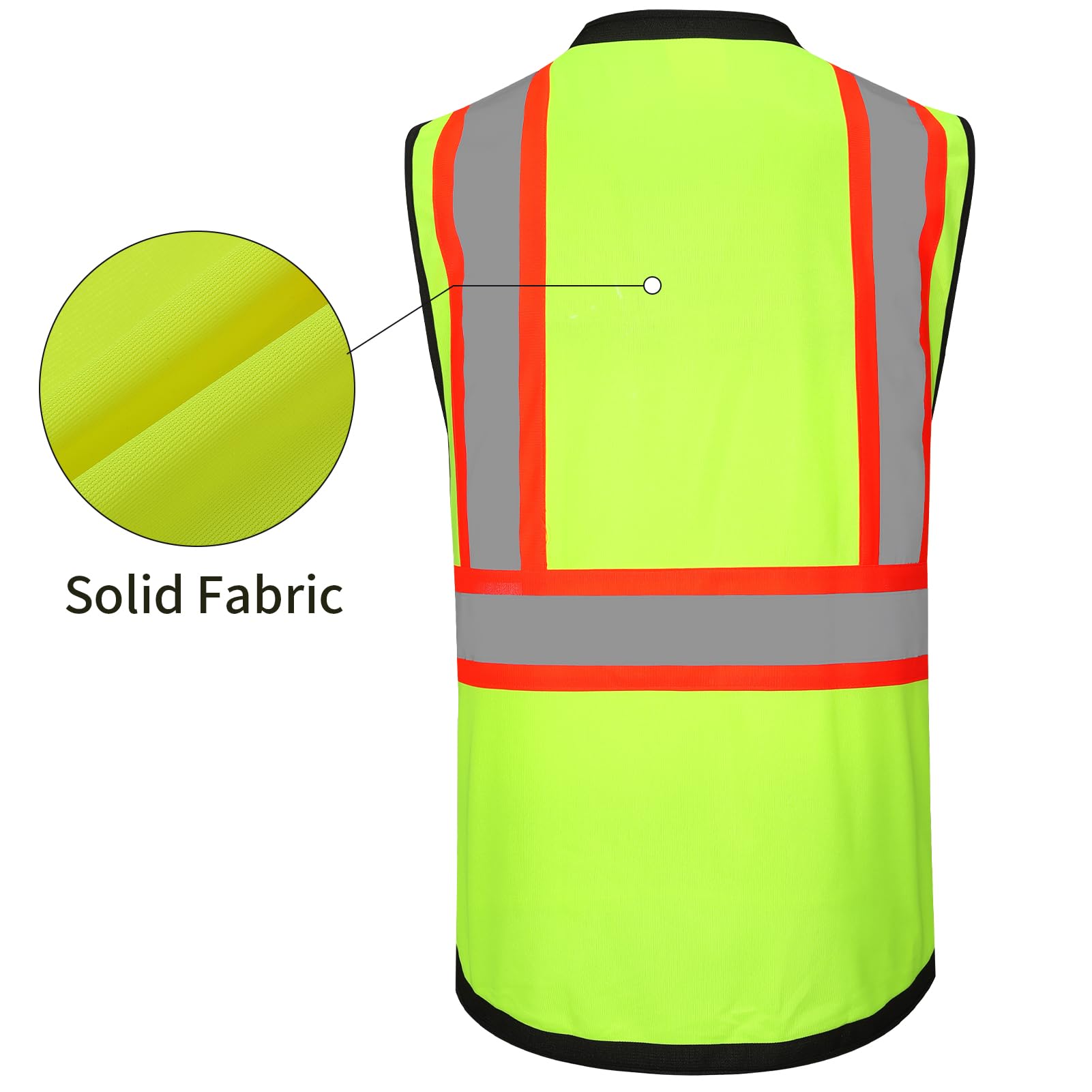 ProtectX Safety Vest ANSI Neon Green Class 2 Hi-Visibility Vest All Solid Fabric with 6 Pockets, ANSI/ISEA Certified <br>SV-120SS4-GNBK