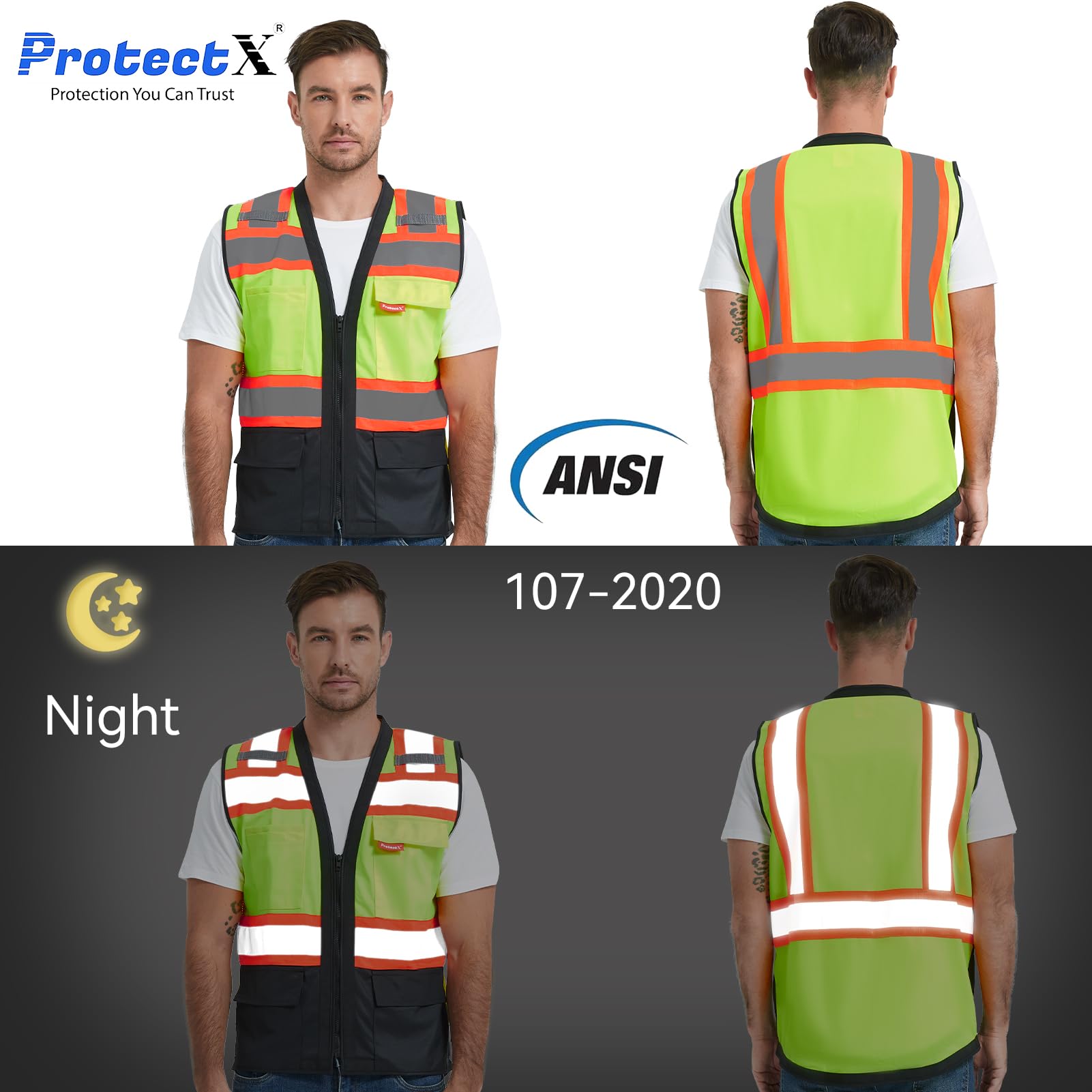 ProtectX Safety Vest ANSI Neon Green Class 2 Hi-Visibility Vest All Solid Fabric with 6 Pockets, ANSI/ISEA Certified <br>SV-120SS4-GNBK