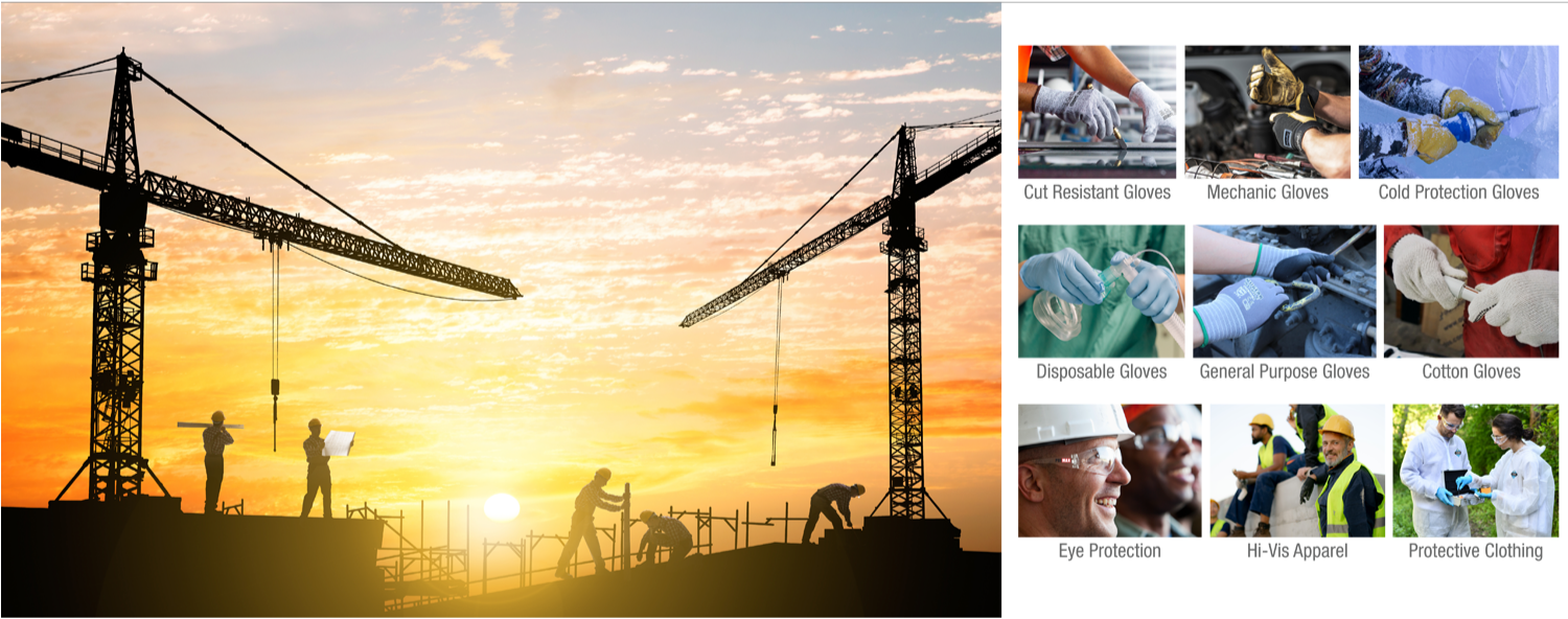 Construction site with cranes and workers at sunset, followed by images of safety equipment and gear.