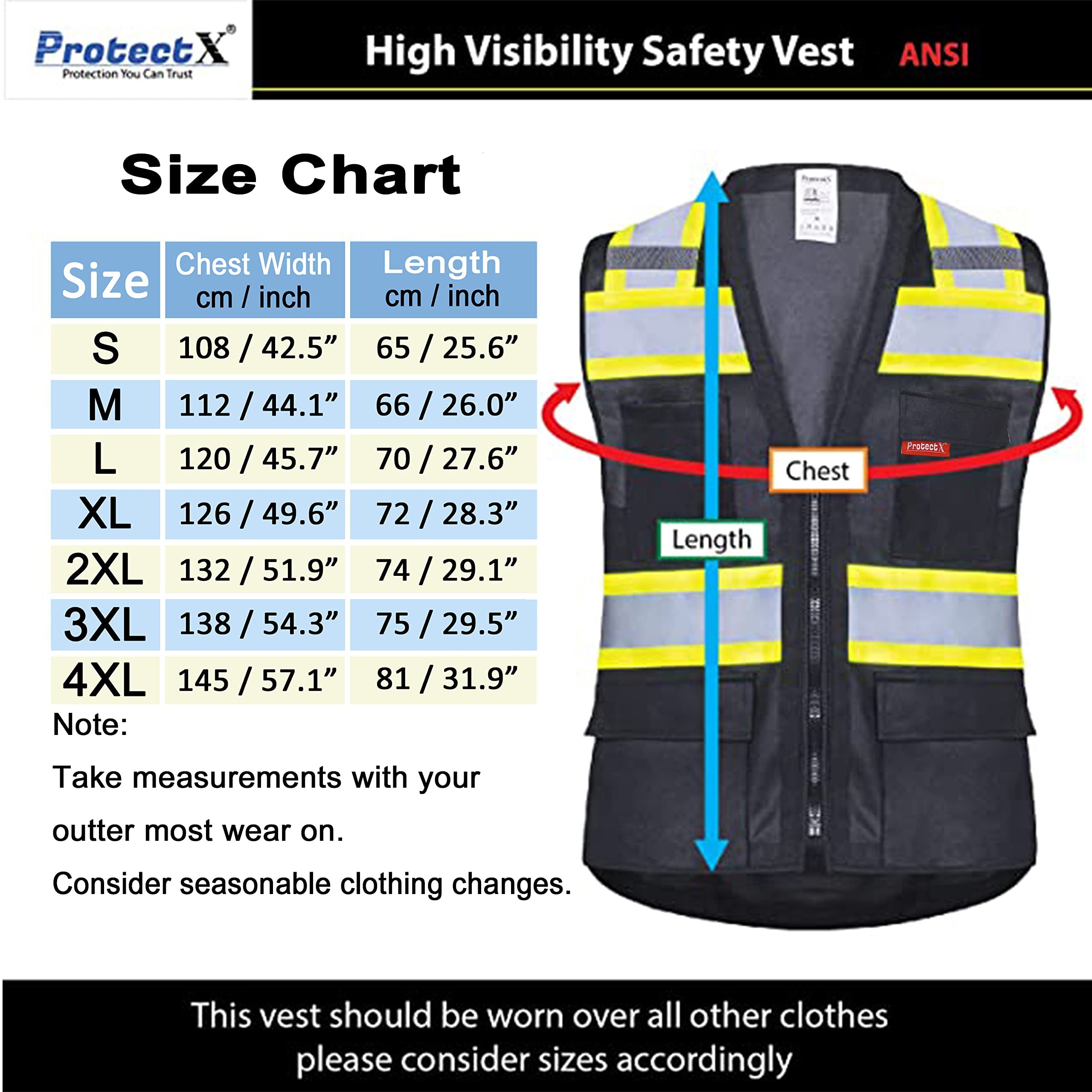 ProtectX Safety Vest Black Hi-Visibility Vest All Solid Fabric with 6 Pockets<br>SV-120SS4-BKBK