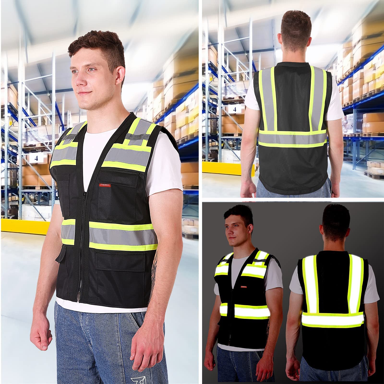 ProtectX Safety Vest Black Hi-Visibility Vest All Solid Fabric with 6 Pockets<br>SV-120SS4-BKBK