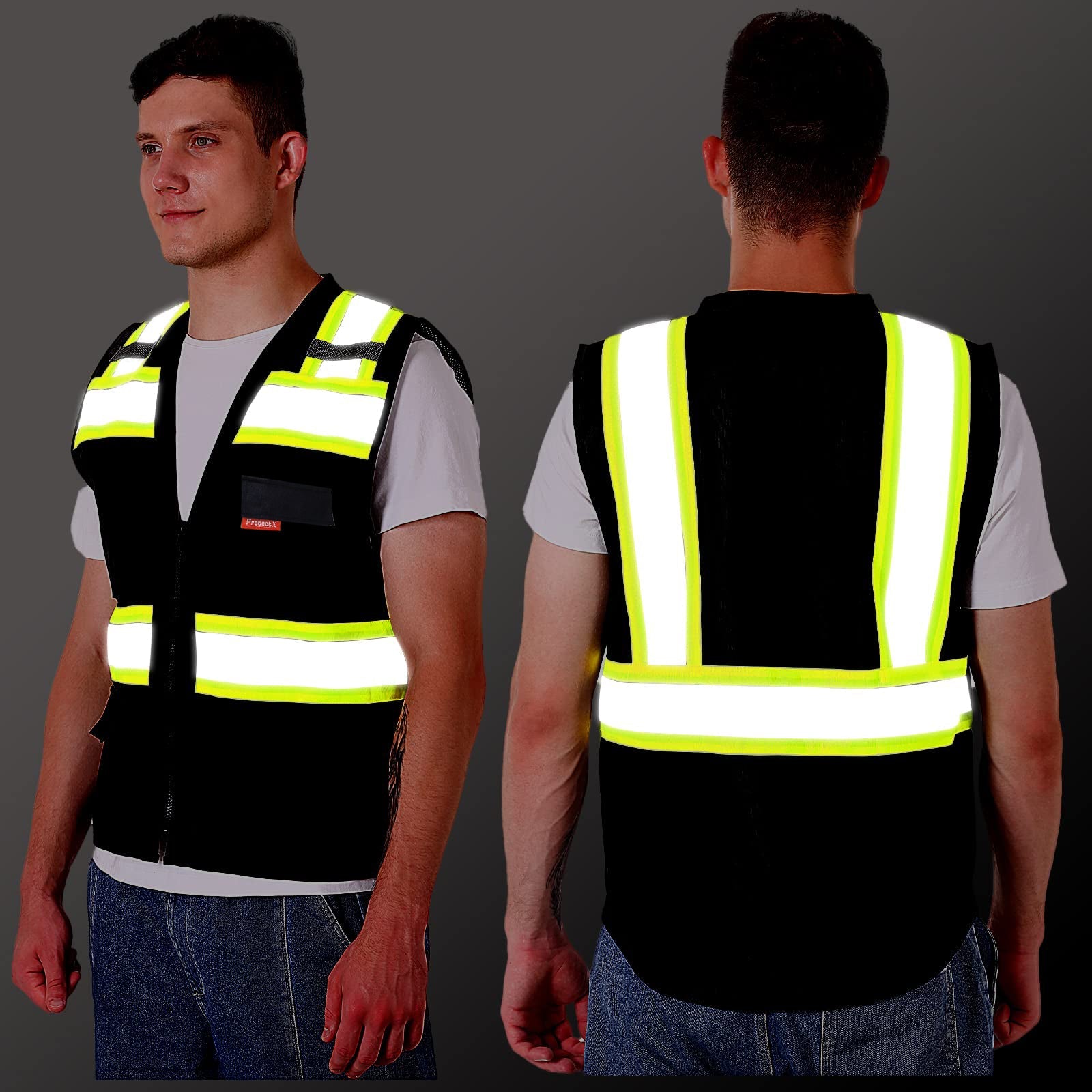 ProtectX Safety Vest Black Hi-Visibility Vest All Solid Fabric with 6 Pockets<br>SV-120SS4-BKBK