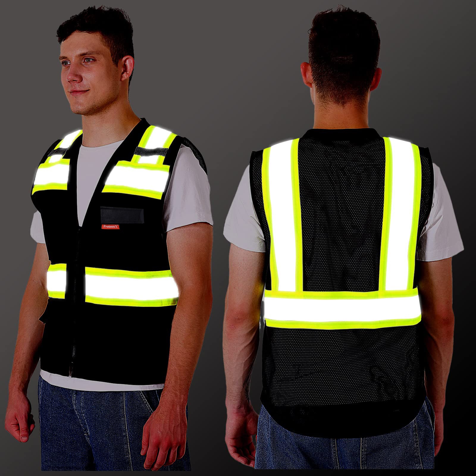 ProtectX Safety Vest Black Hi-Visibility Vest Solid Front Mesh Back with 6 Pockets<br>SV-120SM4-BKBK