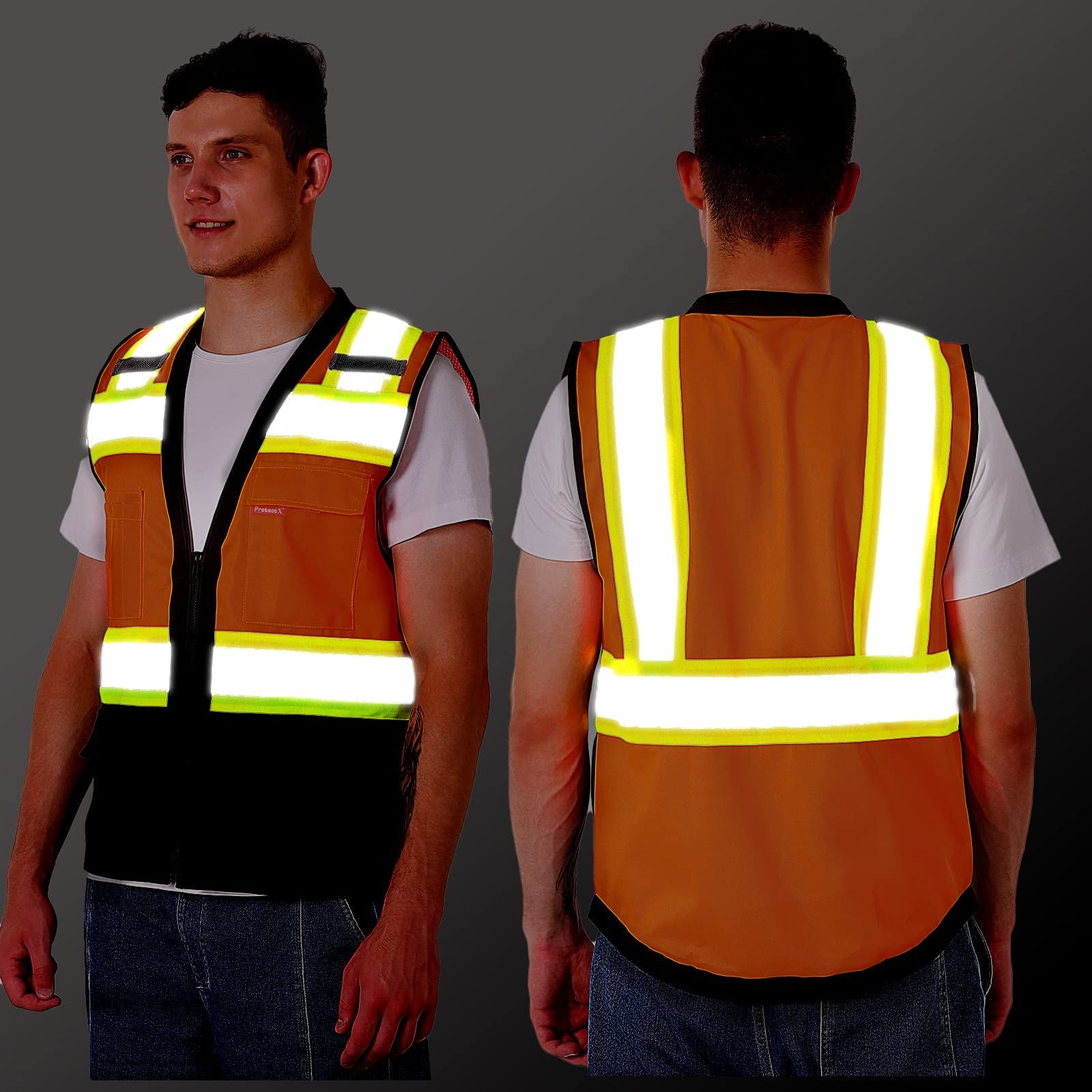 ProtectX Safety Vest ANSI Neon Orange Class 2 Hi-Visibility Vest All Solid Fabric with 6 Pockets, ANSI/ISEA Certified <br>SV-120SS4-ORBK