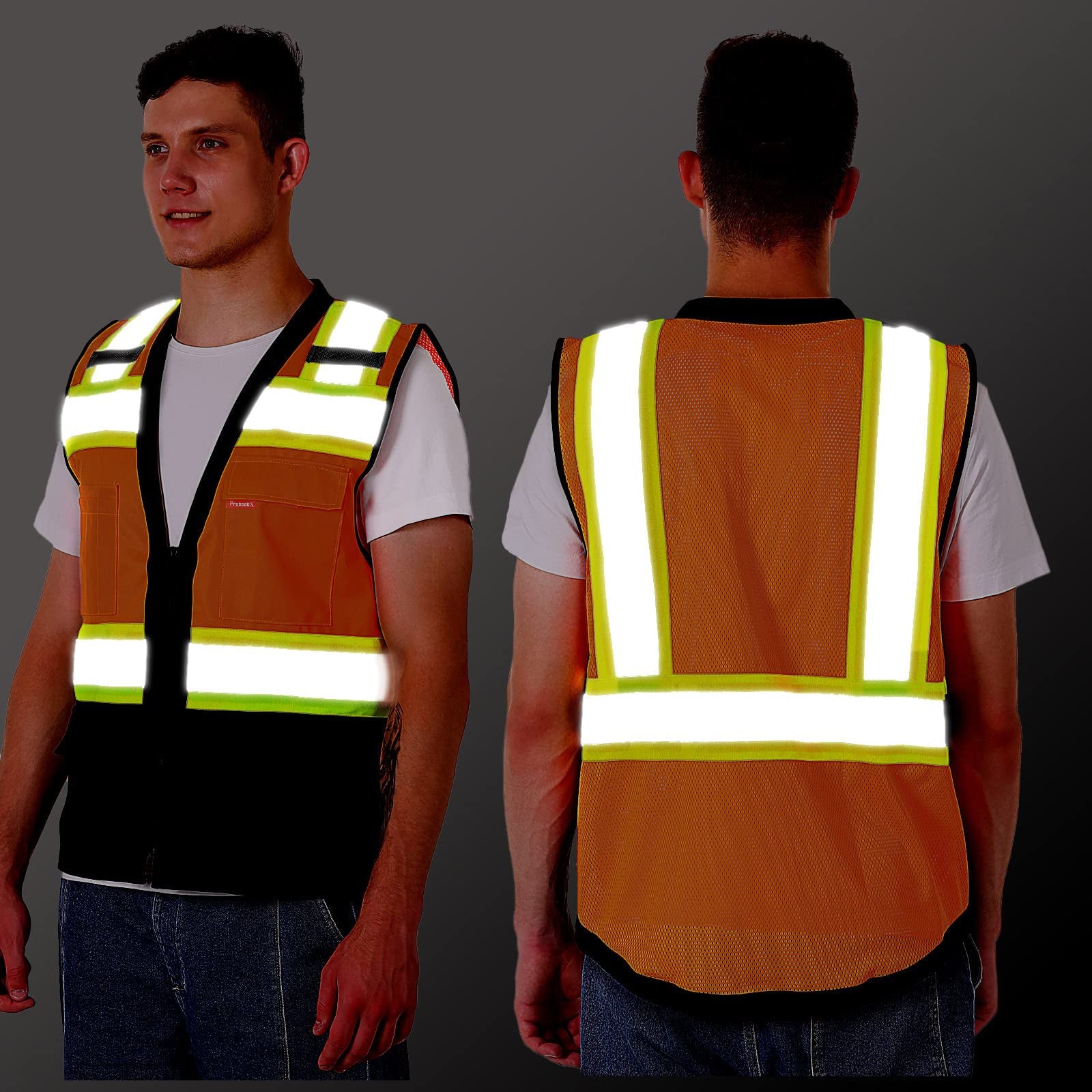ProtectX Safety Vest ANSI Neon Orange Class 2 Hi-Visibility Vest Solid Front Mesh Back with 6 Pockets ANSI/ISEA Certified <br>SV-120SM4-ORBK