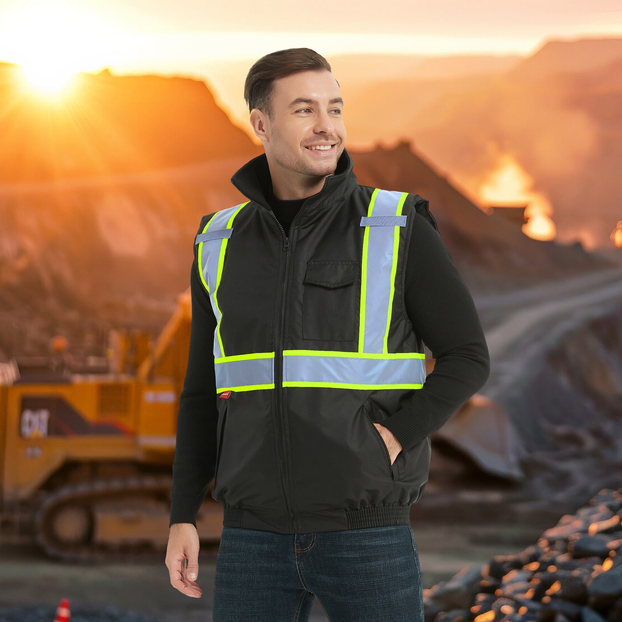 ProtectX Black Winter Safety Vest Insulated High Visibility Construction Vest With Pockets<br>ST-WV300D-BKBK