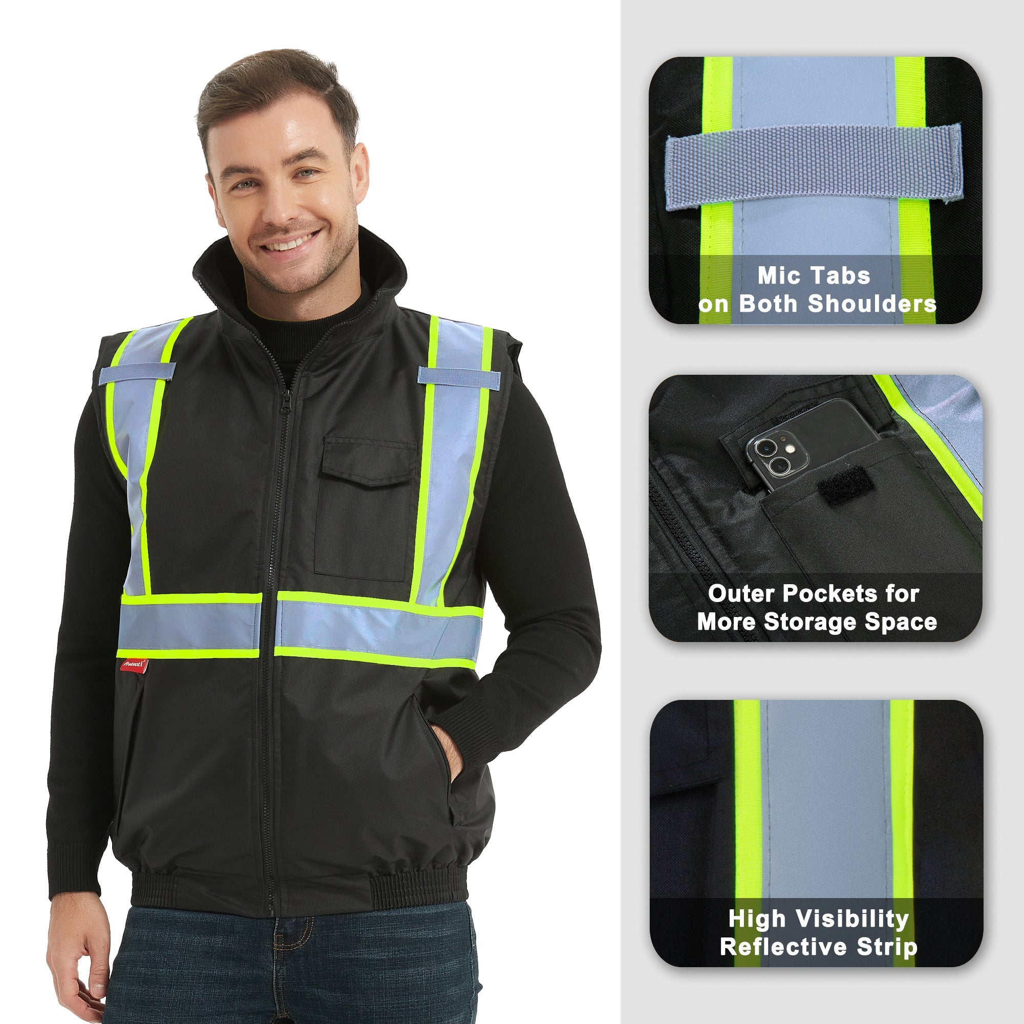 ProtectX Black Winter Safety Vest Insulated High Visibility Construction Vest With Pockets<br>ST-WV300D-BKBK