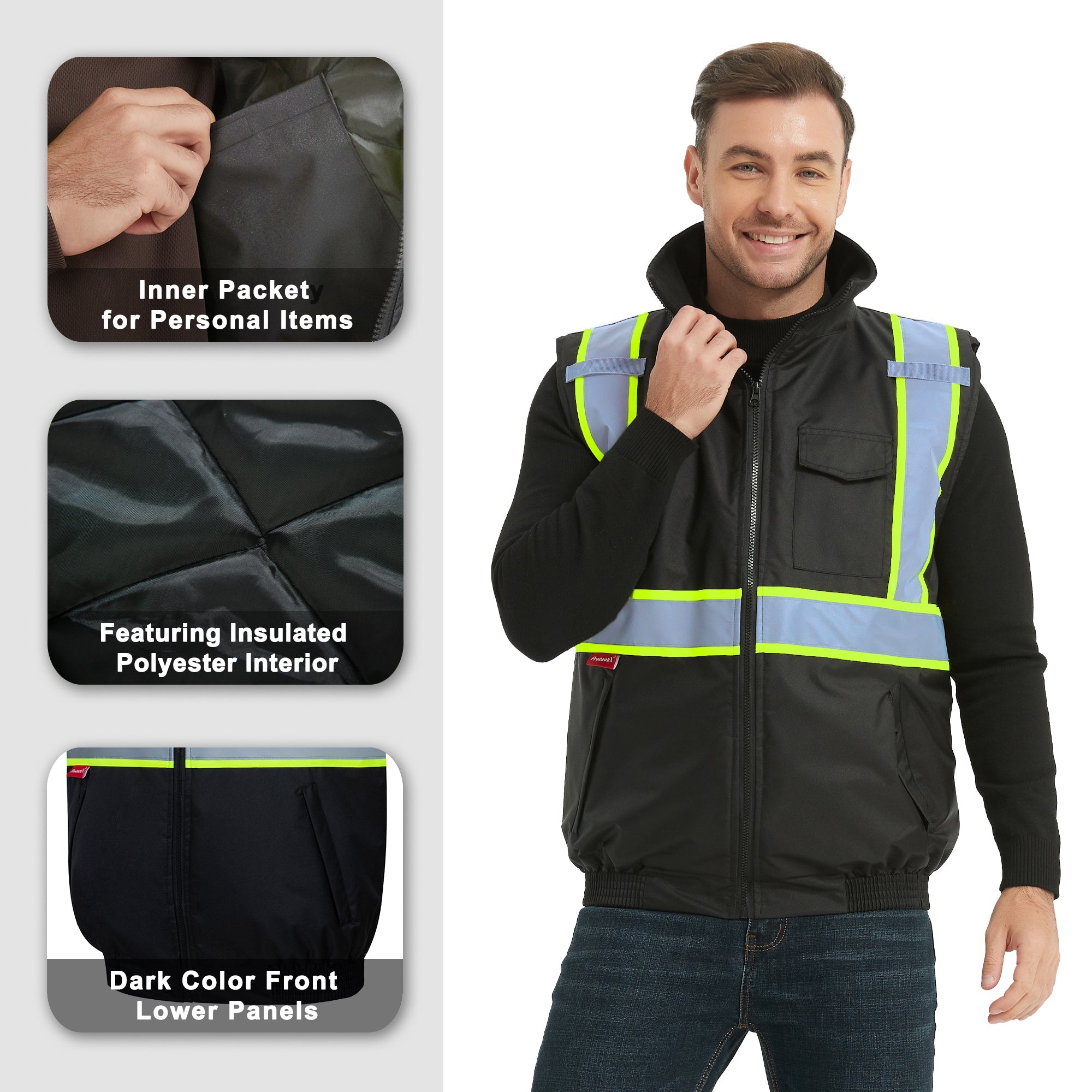 ProtectX Black Winter Safety Vest Insulated High Visibility Construction Vest With Pockets<br>ST-WV300D-BKBK