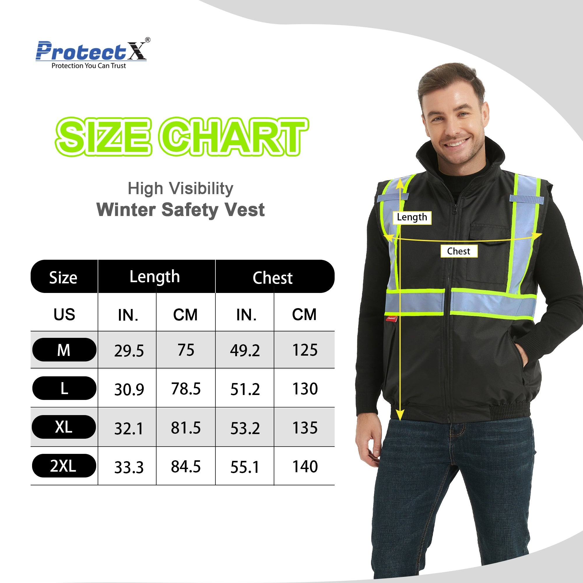 ProtectX Black Winter Safety Vest Insulated High Visibility Construction Vest With Pockets<br>ST-WV300D-BKBK