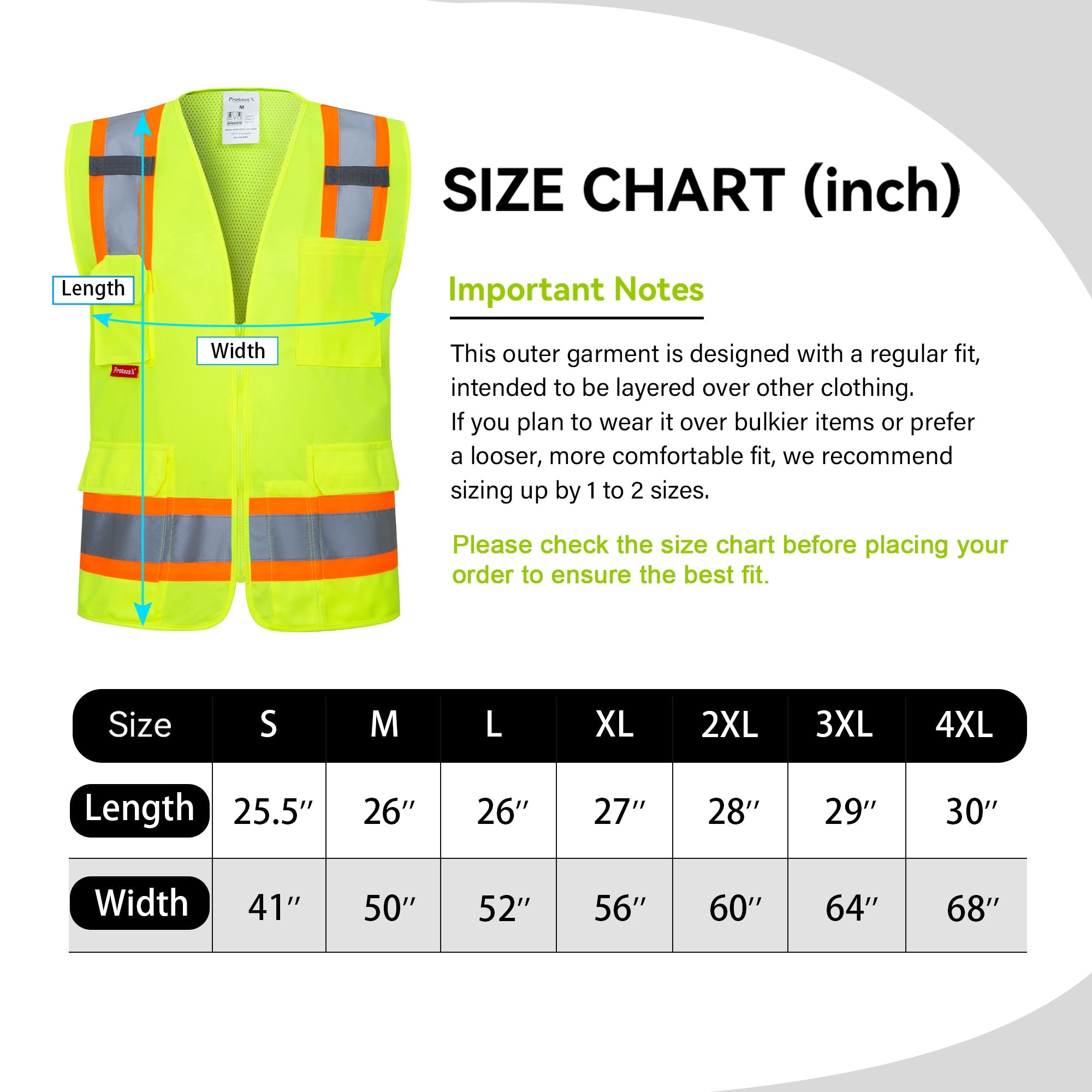 ProtectX Neon Green High Visibility Reflective Safety Vest for Men Women Hi Vis Work Construction Vest with Pockets Class 2 Zipper Front Meets ANSI Standards 7 Pockets<br>SV-120-FM7-GN-01