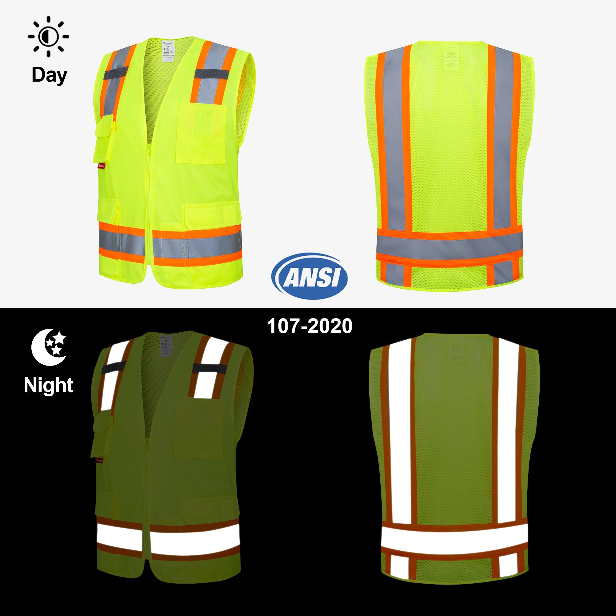 ProtectX Neon Green High Visibility Reflective Safety Vest for Men Women Hi Vis Work Construction Vest with Pockets Class 2 Zipper Front Meets ANSI Standards 7 Pockets<br>SV-120-FM7-GN-01