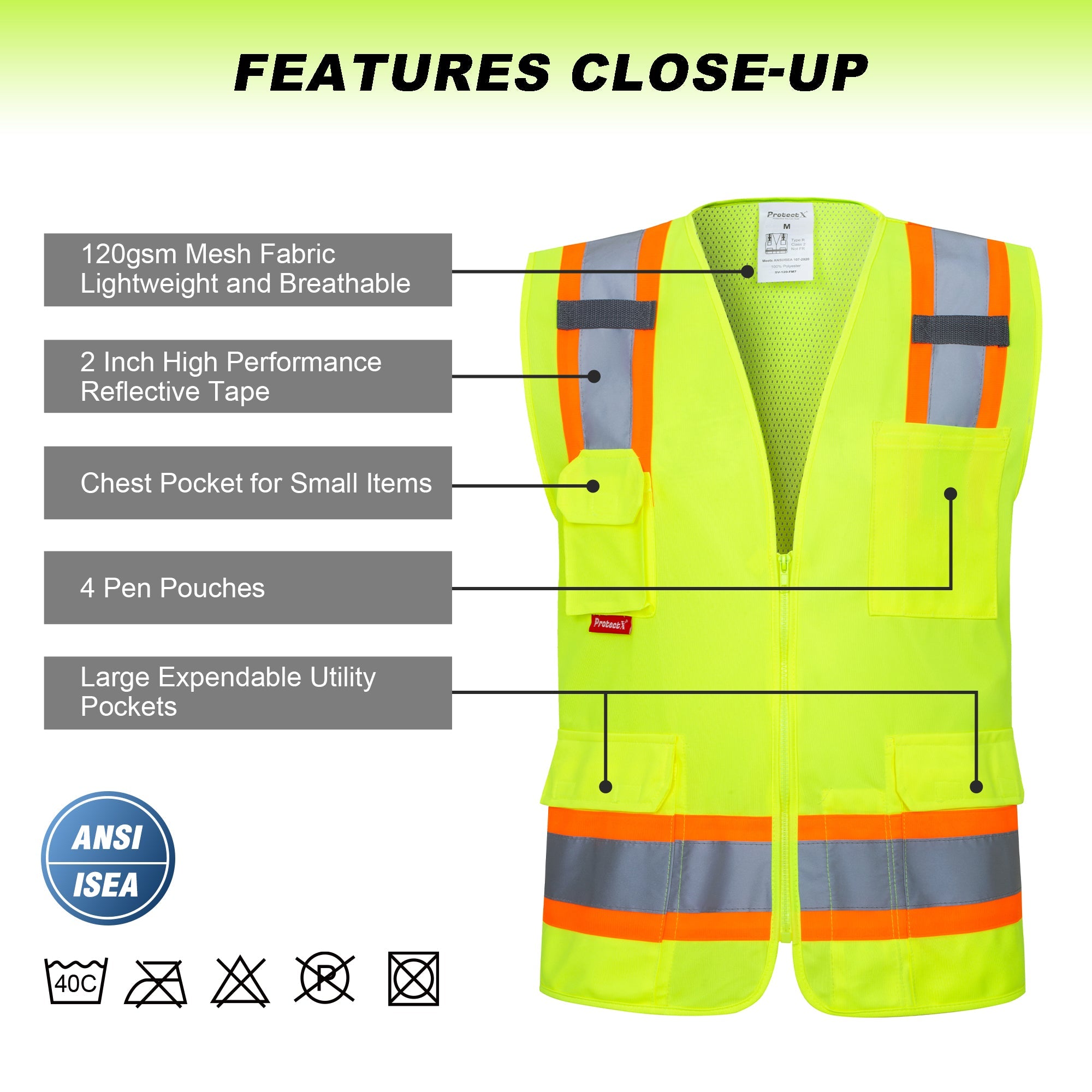ProtectX Neon Green High Visibility Reflective Safety Vest for Men Women Hi Vis Work Construction Vest with Pockets Class 2 Zipper Front Meets ANSI Standards 7 Pockets<br>SV-120-FM7-GN-01
