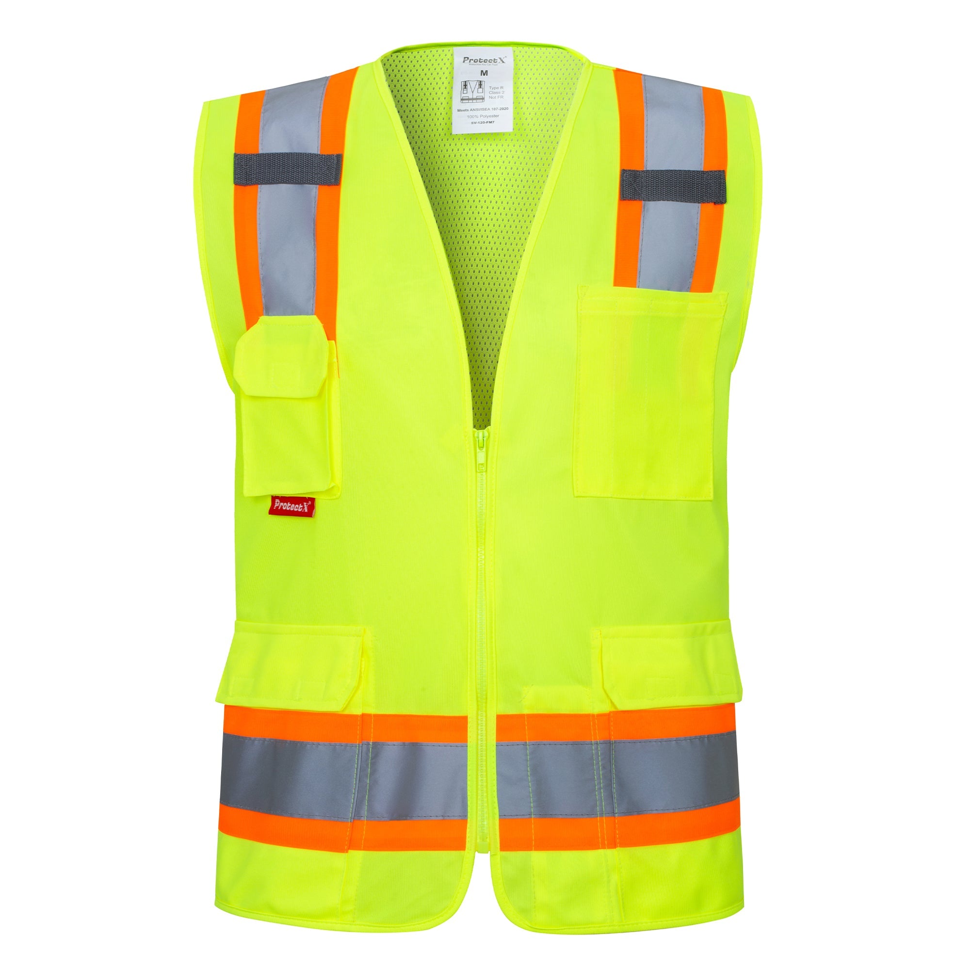 ProtectX Neon Green High Visibility Reflective Safety Vest for Men Women Hi Vis Work Construction Vest with Pockets Class 2 Zipper Front Meets ANSI Standards 7 Pockets<br>SV-120-FM7-GN-01
