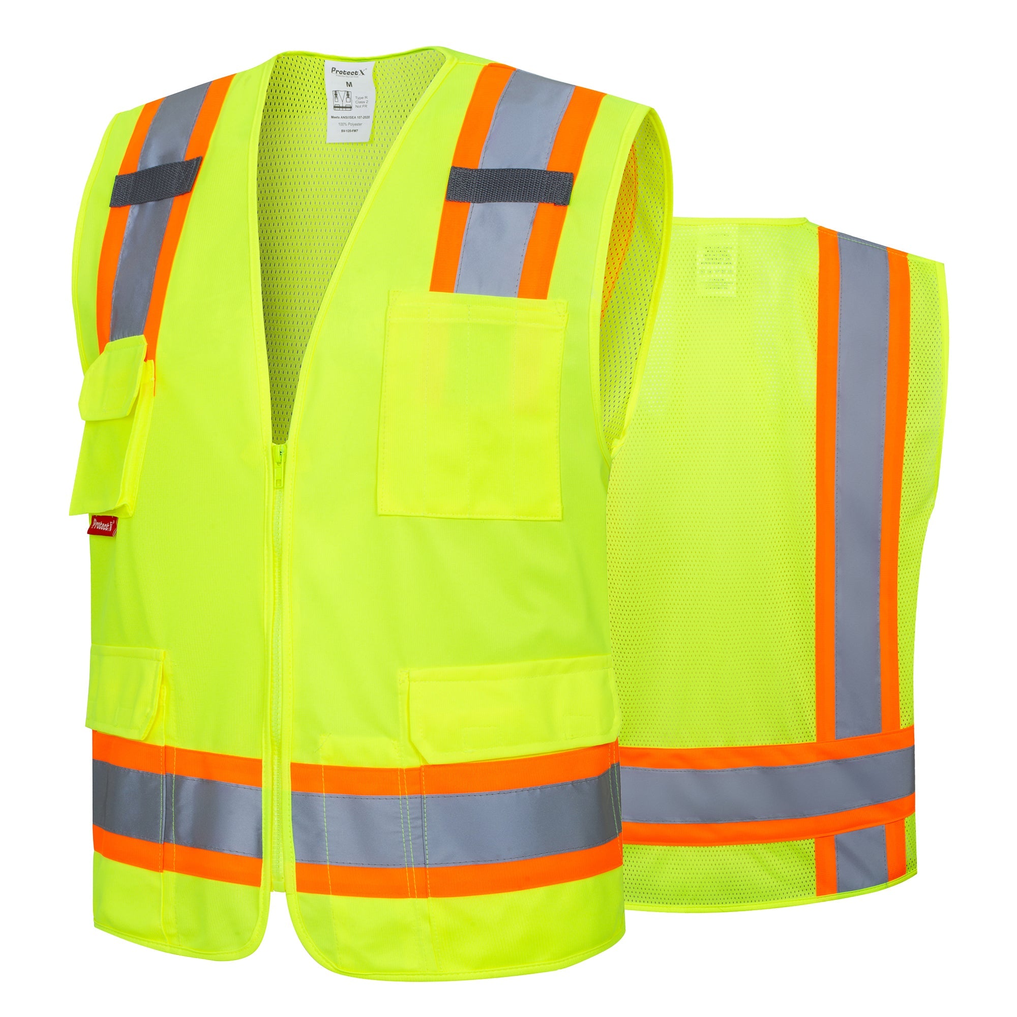 ProtectX Neon Green High Visibility Reflective Safety Vest for Men Women Hi Vis Work Construction Vest with Pockets Class 2 Zipper Front Meets ANSI Standards 7 Pockets<br>SV-120-FM7-GN-01