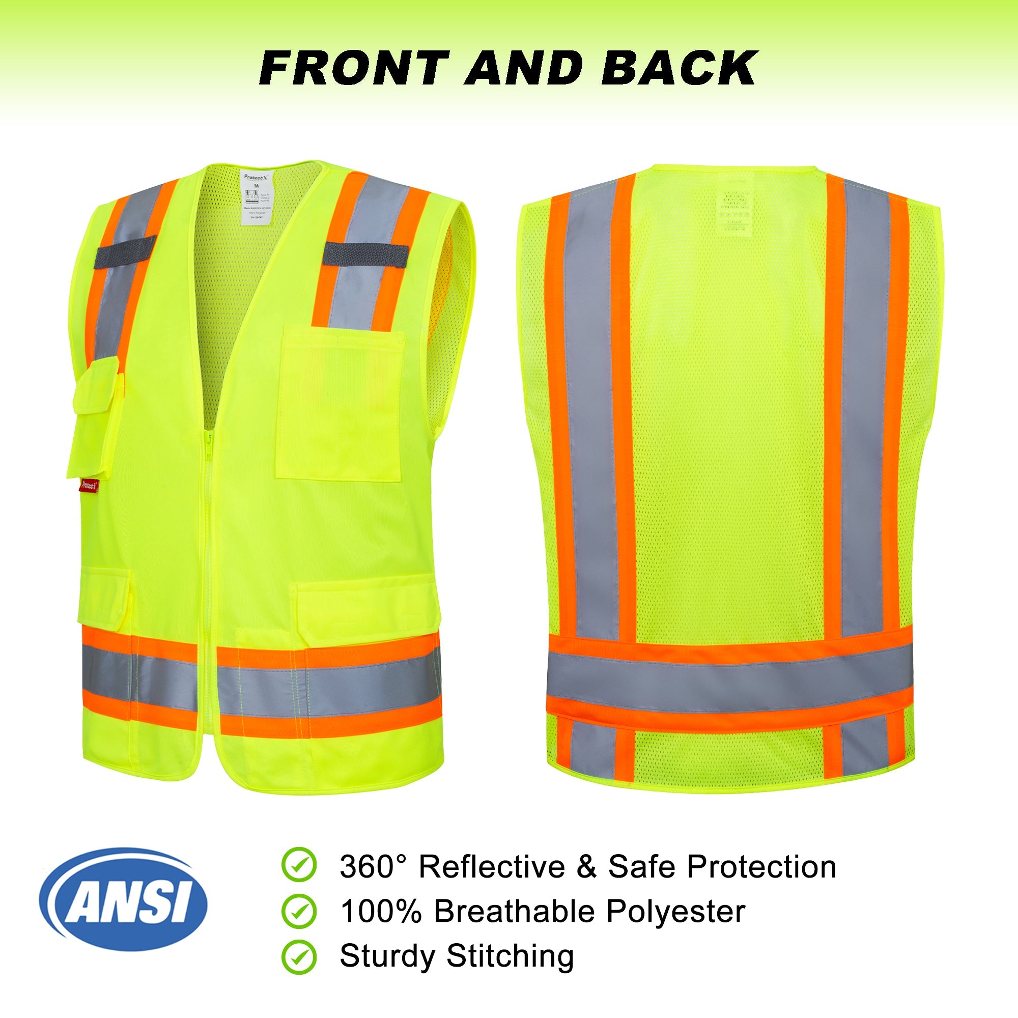ProtectX Neon Green High Visibility Reflective Safety Vest for Men Women Hi Vis Work Construction Vest with Pockets Class 2 Zipper Front Meets ANSI Standards 7 Pockets<br>SV-120-FM7-GN-01