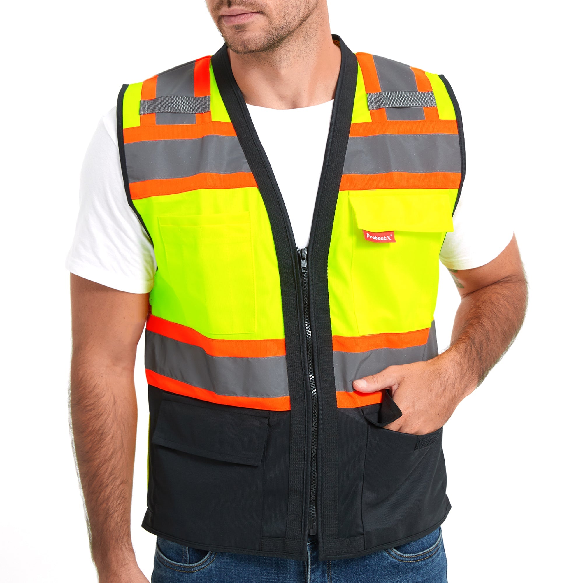 ProtectX Safety Vest ANSI Neon Green Class 2 Hi-Visibility Vest Solid Front Mesh Back with 6 Pockets ANSI/ISEA Certified <br>SV-120SM4-GNBK