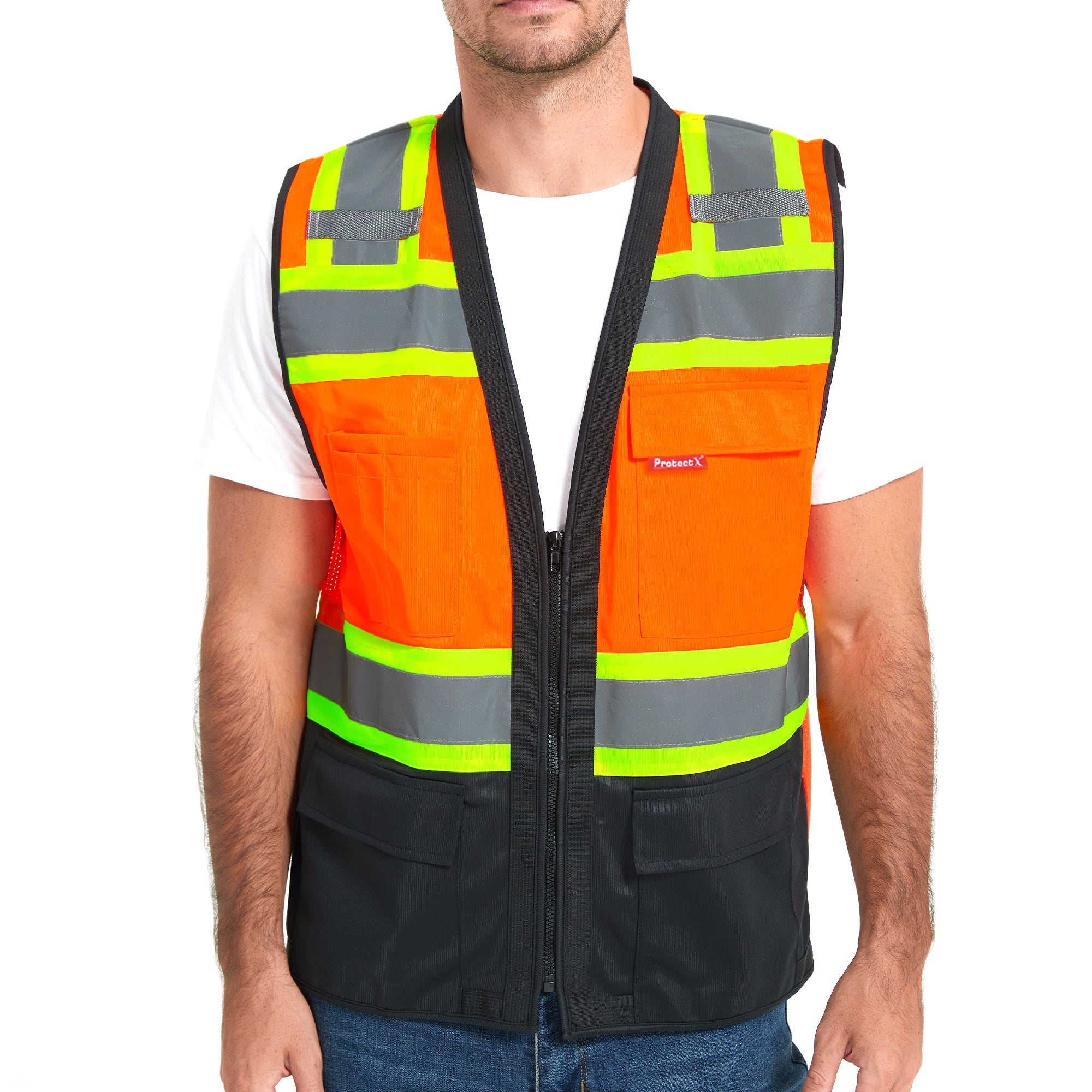 ProtectX Safety Vest ANSI Neon Orange Class 2 Hi-Visibility Vest All Solid Fabric with 6 Pockets, ANSI/ISEA Certified <br>SV-120SS4-ORBK