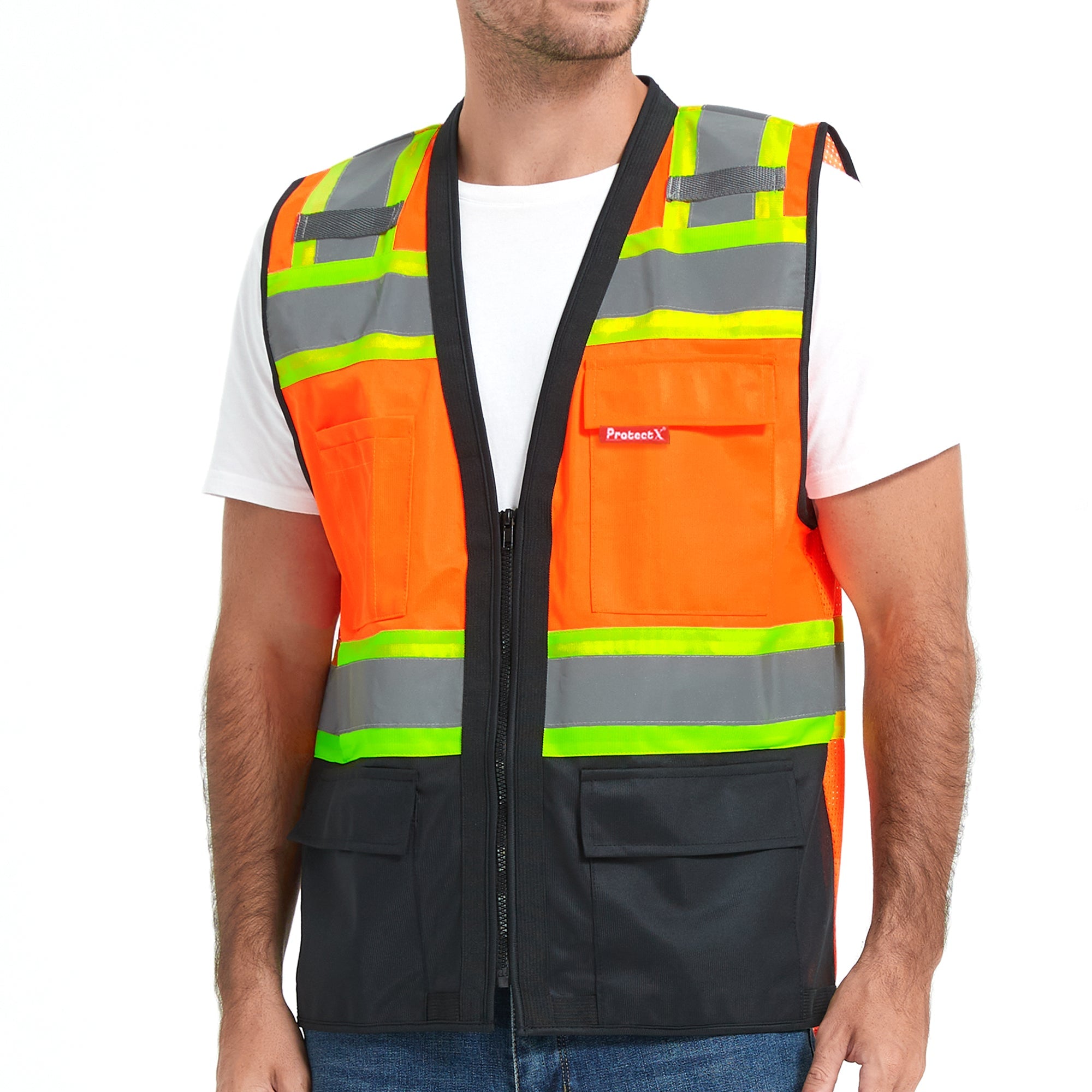 ProtectX Safety Vest ANSI Neon Orange Class 2 Hi-Visibility Vest Solid Front Mesh Back with 6 Pockets ANSI/ISEA Certified <br>SV-120SM4-ORBK