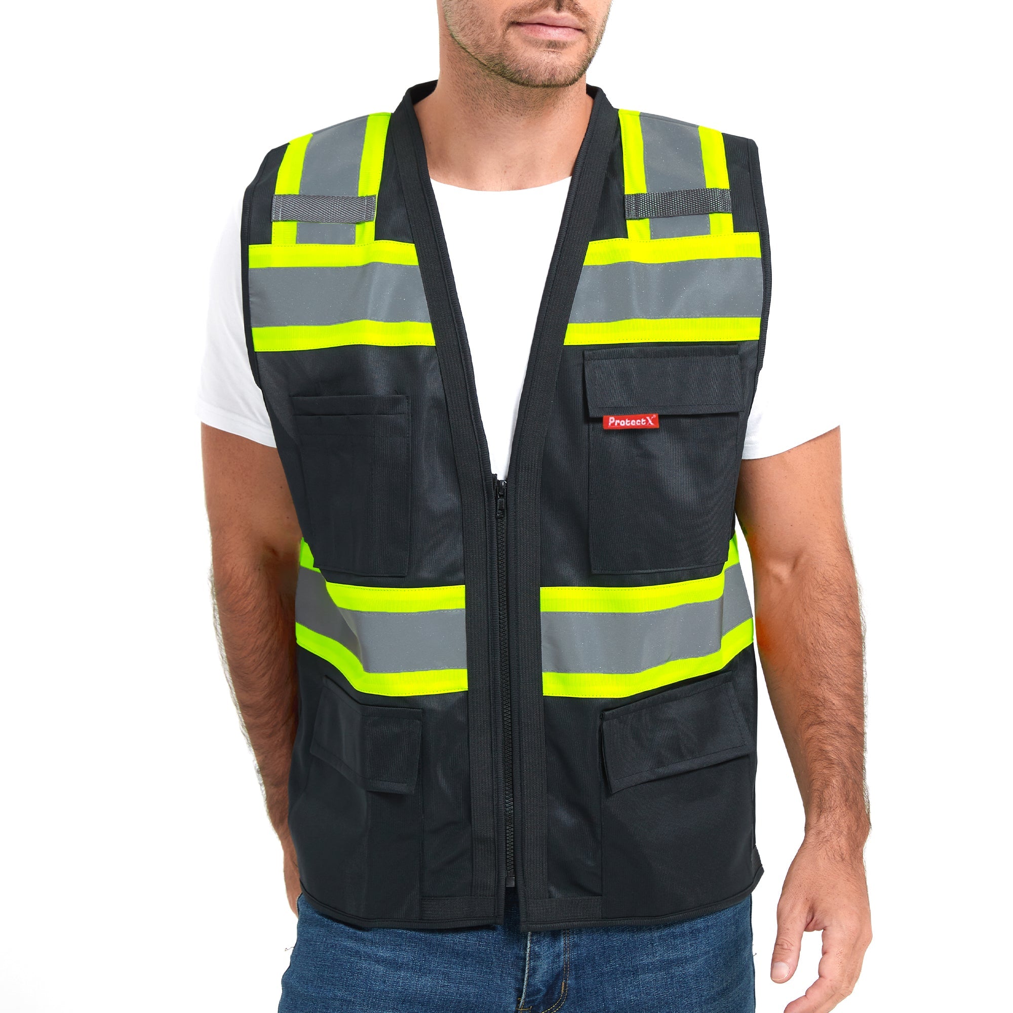 ProtectX Safety Vest Black Hi-Visibility Vest Solid Front Mesh Back with 6 Pockets<br>SV-120SM4-BKBK