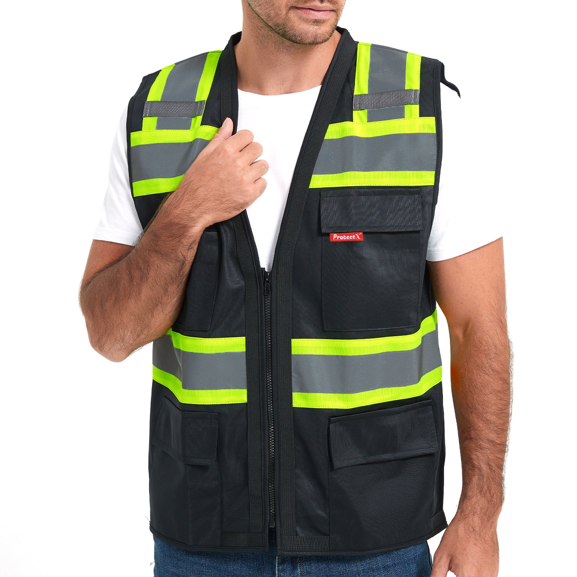 ProtectX Safety Vest Black Hi-Visibility Vest All Solid Fabric with 6 Pockets<br>SV-120SS4-BKBK