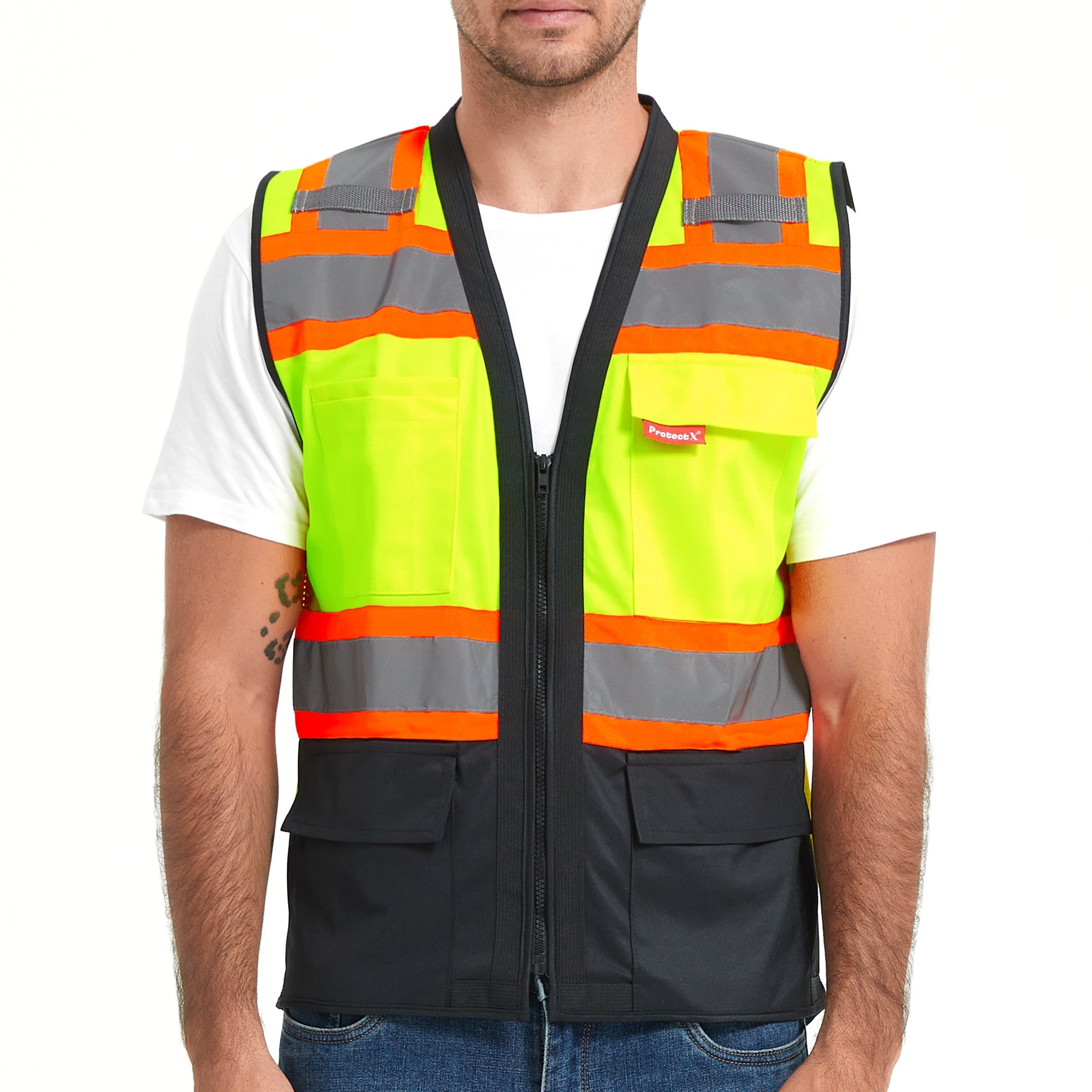 ProtectX Safety Vest ANSI Neon Green Class 2 Hi-Visibility Vest All Solid Fabric with 6 Pockets, ANSI/ISEA Certified <br>SV-120SS4-GNBK