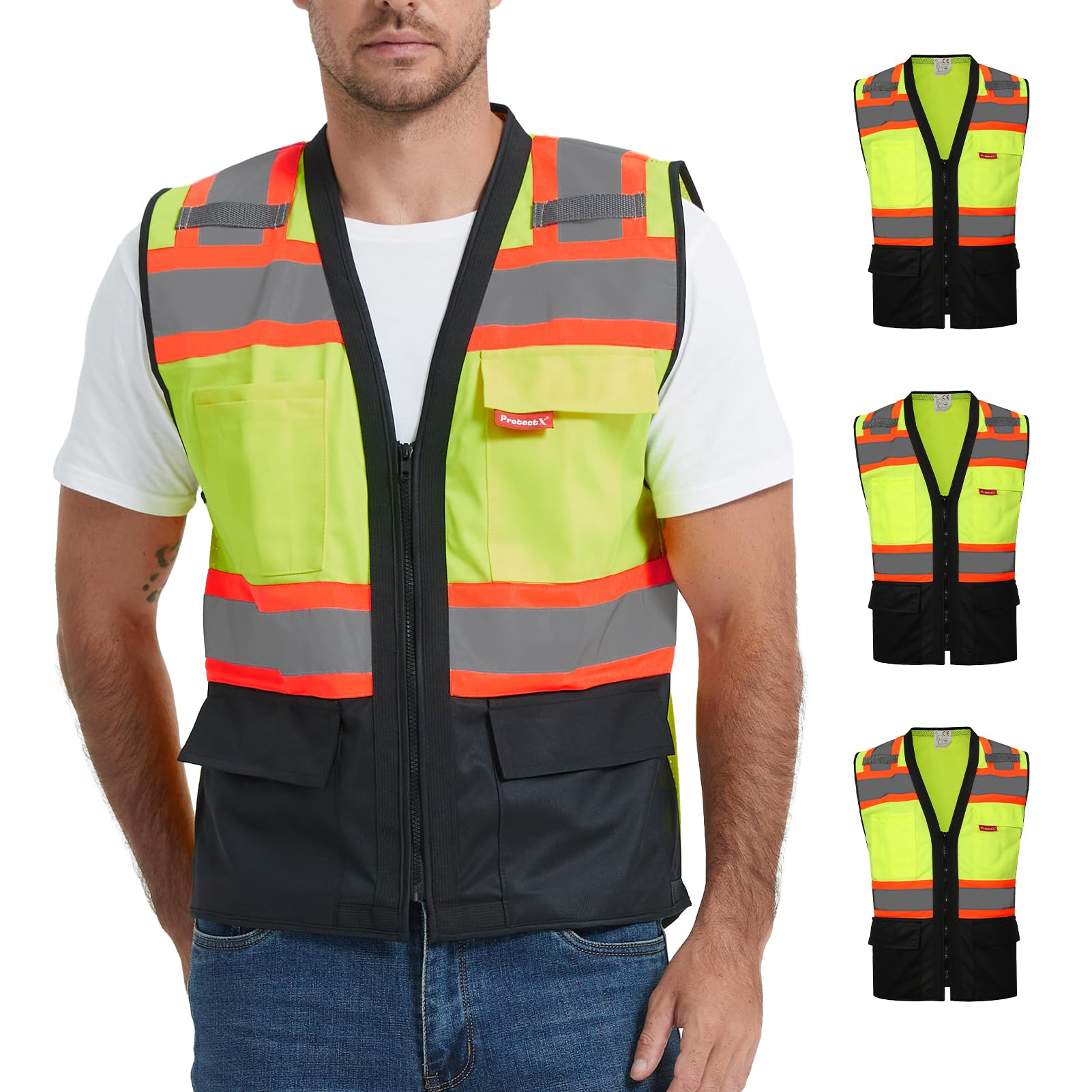 ProtectX Safety Vest ANSI Neon Green Class 2 Hi-Visibility Vest Solid Front Mesh Back with 6 Pockets ANSI/ISEA Certified <br>SV-120SM4-GNBK