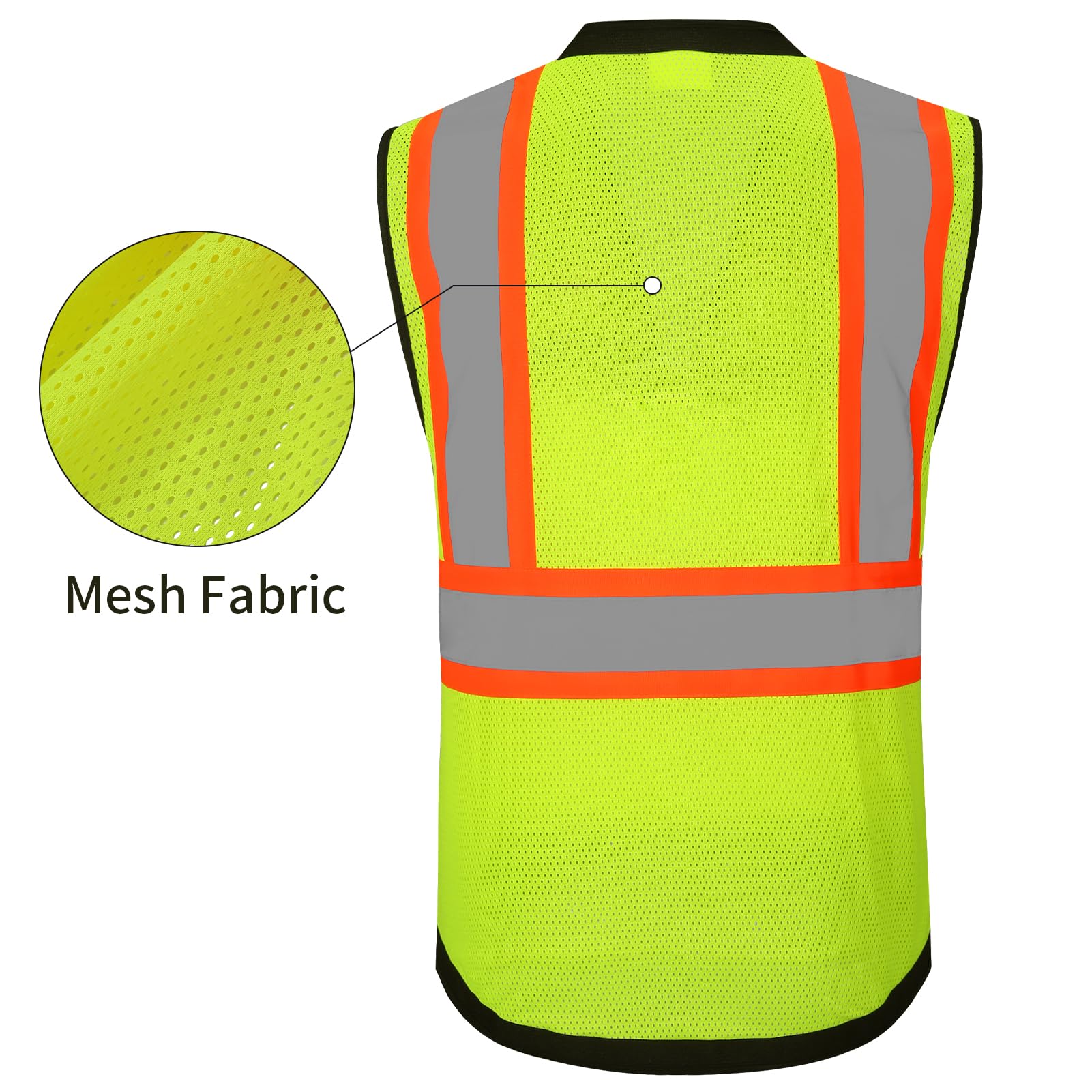 ProtectX Safety Vest ANSI Neon Green Class 2 Hi-Visibility Vest Solid Front Mesh Back with 6 Pockets ANSI/ISEA Certified <br>SV-120SM4-GNBK
