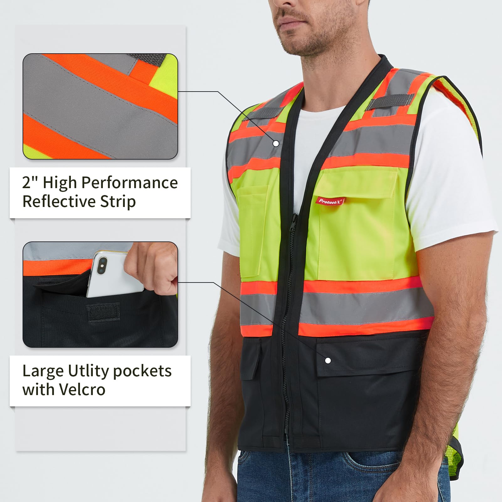 ProtectX Safety Vest ANSI Neon Green Class 2 Hi-Visibility Vest Solid Front Mesh Back with 6 Pockets ANSI/ISEA Certified <br>SV-120SM4-GNBK
