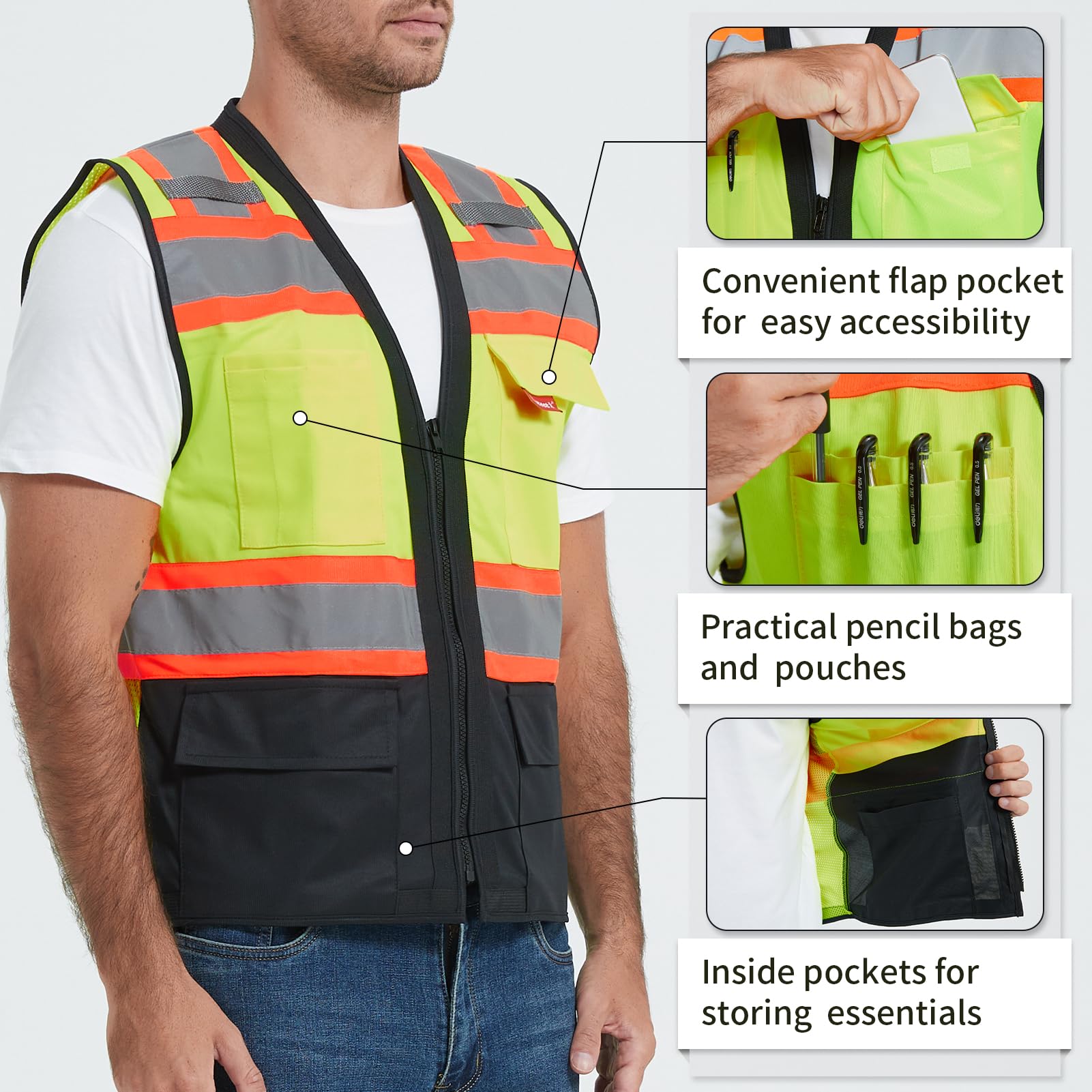 ProtectX Safety Vest ANSI Neon Green Class 2 Hi-Visibility Vest Solid Front Mesh Back with 6 Pockets ANSI/ISEA Certified <br>SV-120SM4-GNBK
