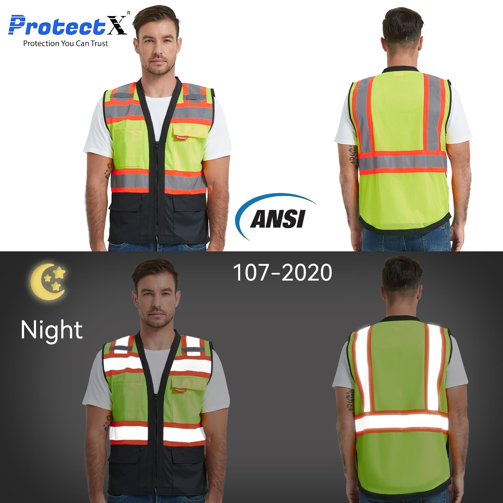 ProtectX Safety Vest ANSI Neon Green Class 2 Hi-Visibility Vest Solid Front Mesh Back with 6 Pockets ANSI/ISEA Certified <br>SV-120SM4-GNBK