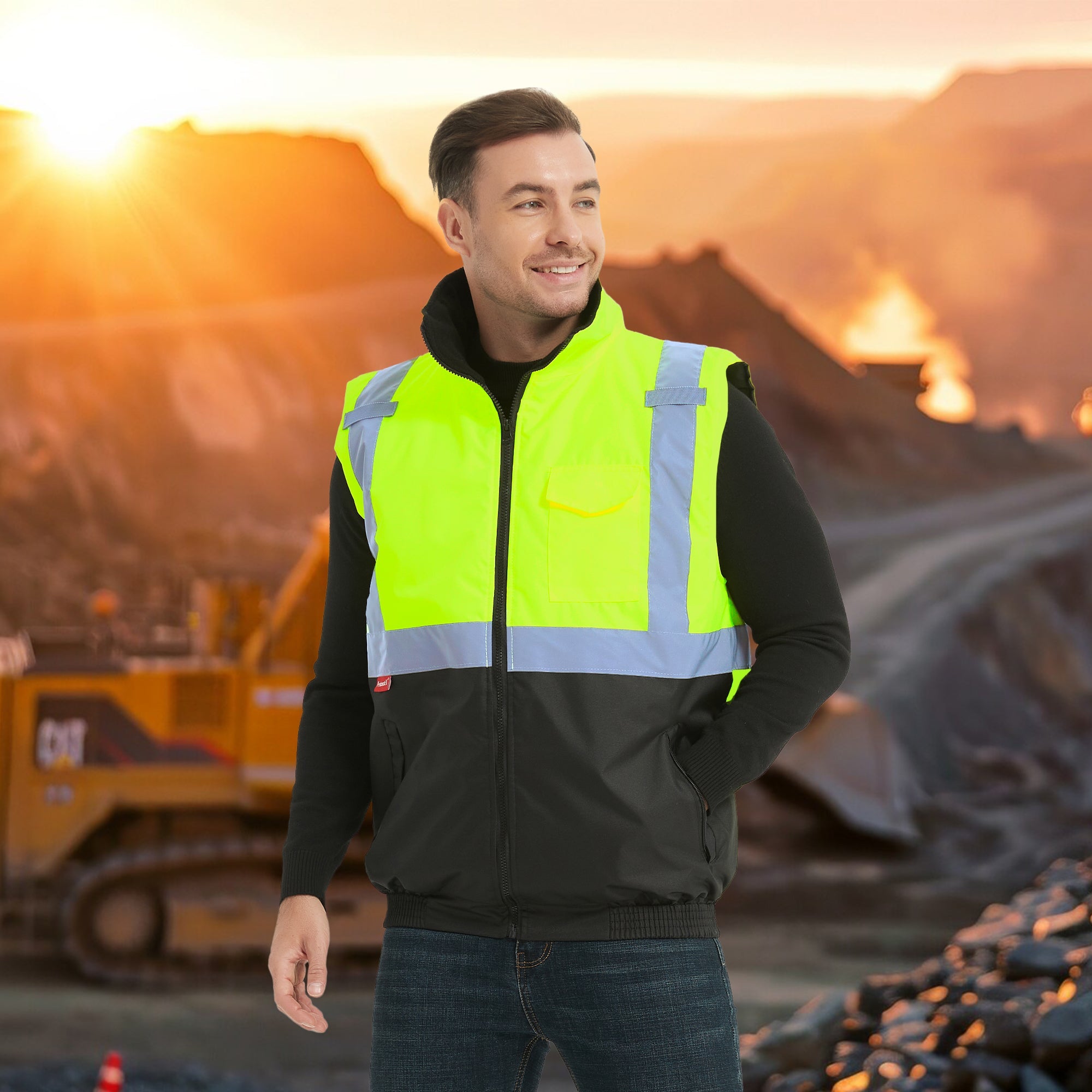 ProtectX Winter Safety Vest Insulated High Visibility Construction Vest With Pockets<br>ST-WV300D-GNBK