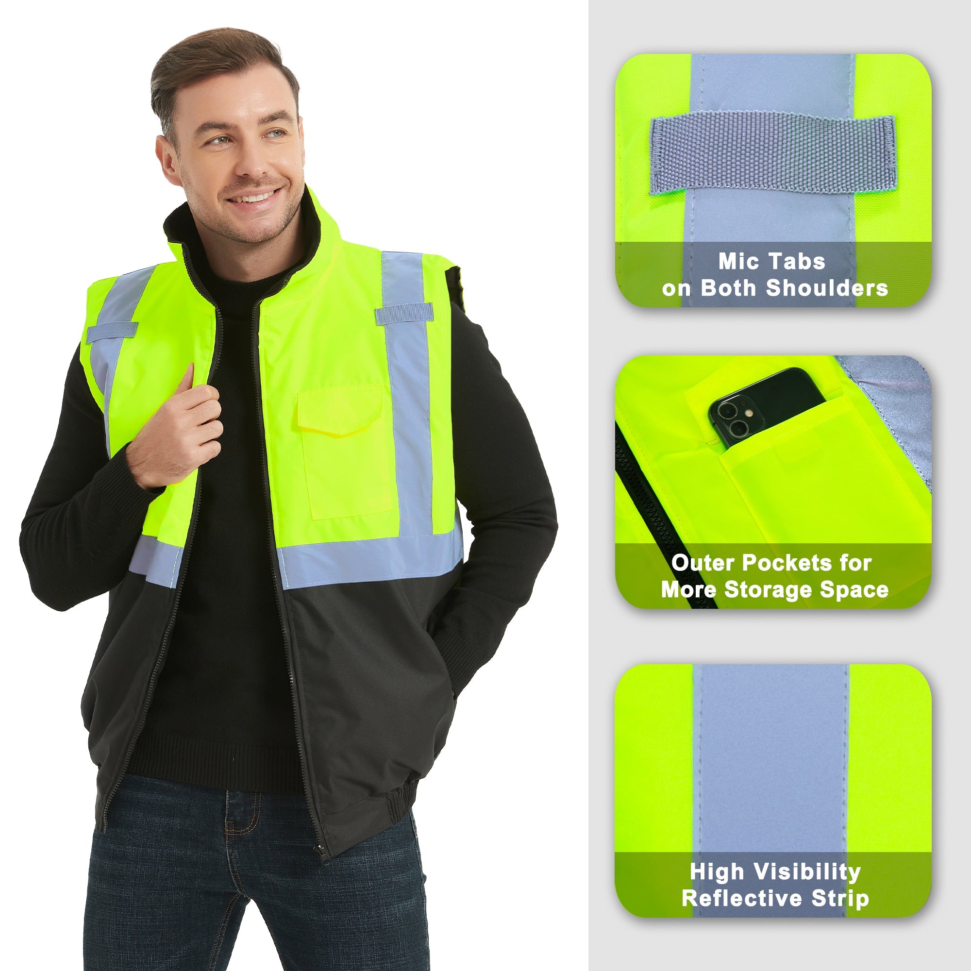 ProtectX Winter Safety Vest Insulated High Visibility Construction Vest With Pockets<br>ST-WV300D-GNBK