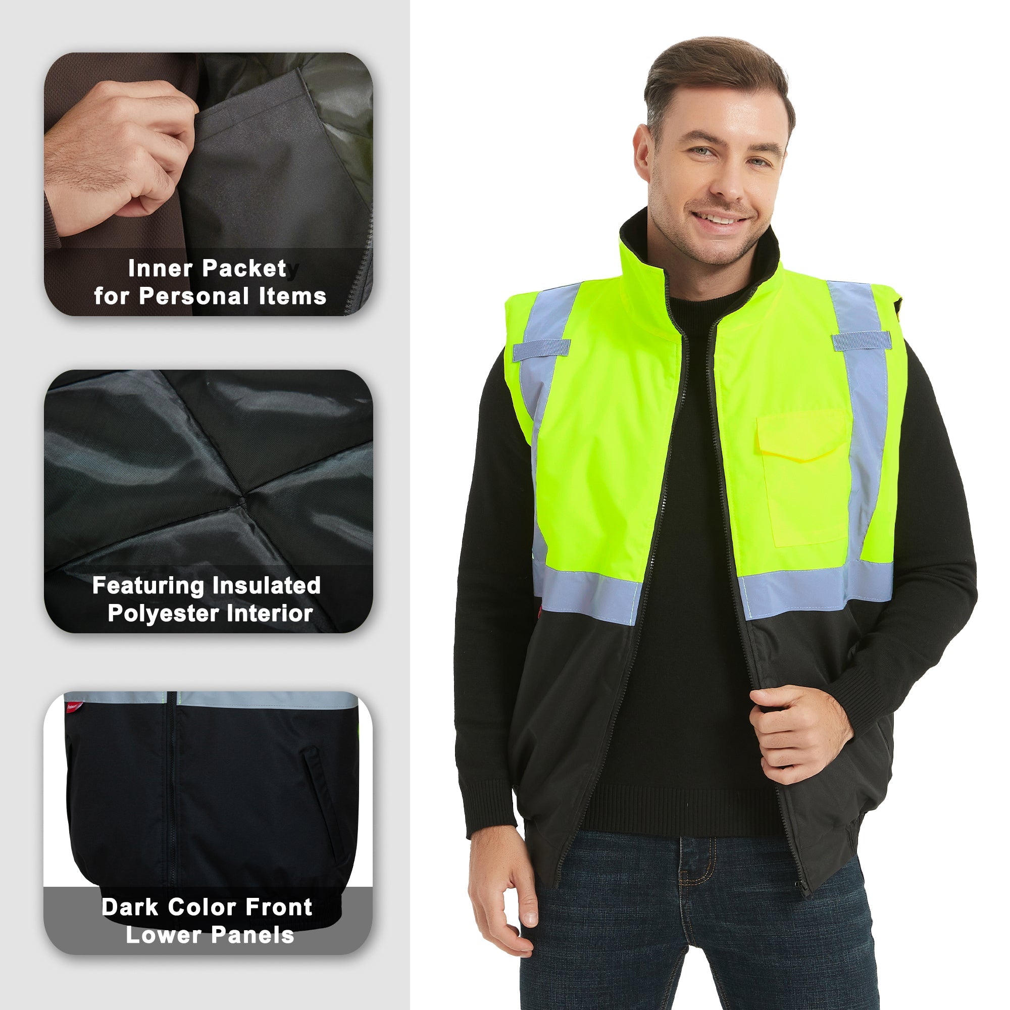 ProtectX Winter Safety Vest Insulated High Visibility Construction Vest With Pockets<br>ST-WV300D-GNBK