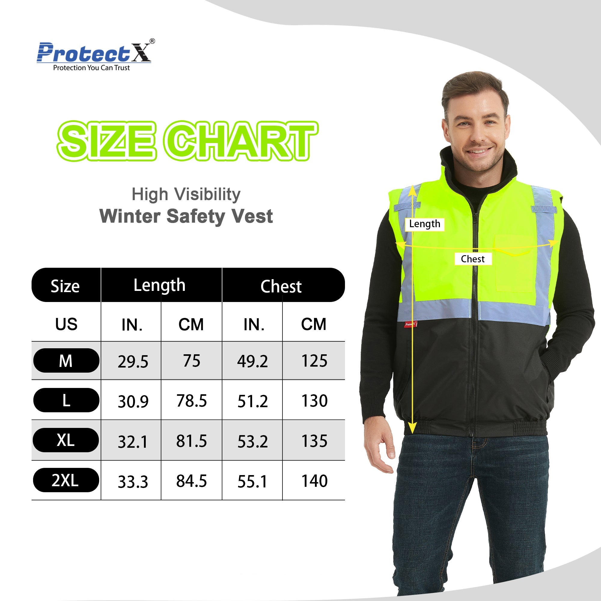 ProtectX Winter Safety Vest Insulated High Visibility Construction Vest With Pockets<br>ST-WV300D-GNBK