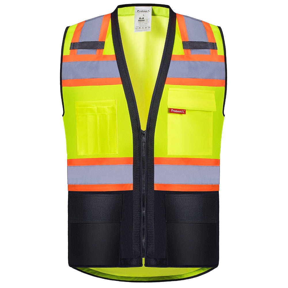 ProtectX Safety Vest ANSI Neon Green Class 2 Hi-Visibility Vest All Solid Fabric with 6 Pockets, ANSI/ISEA Certified <br>SV-120SS4-GNBK